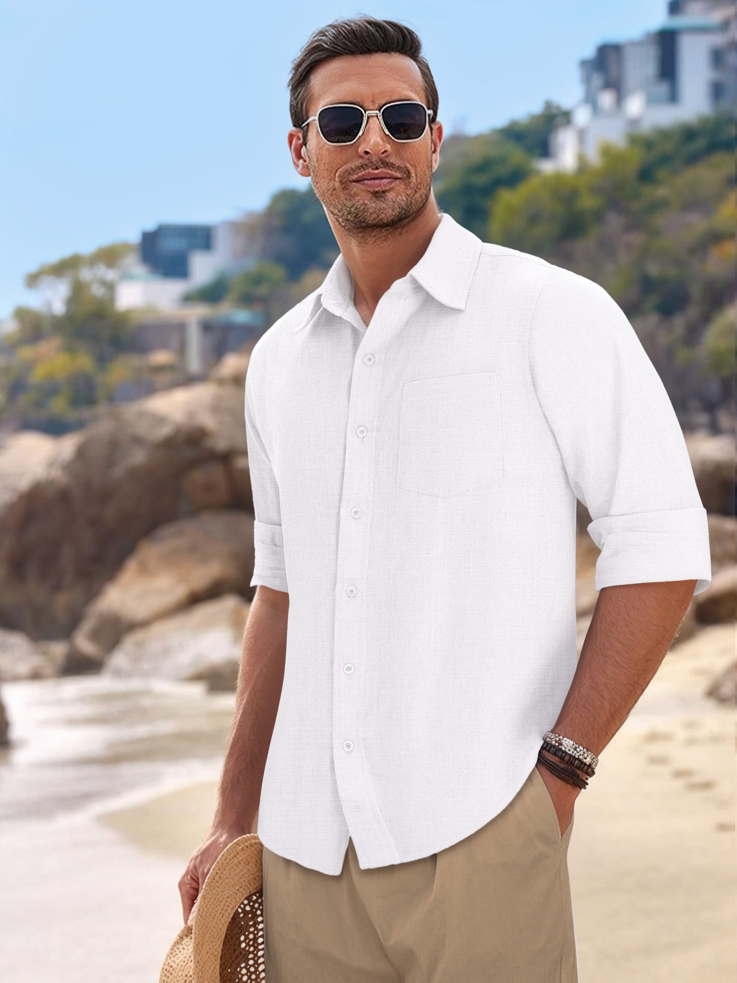 OALUXE Linen Button Down Shirts For Men Casual Long Sleeve Lightweight Dress Shirts With Pocket