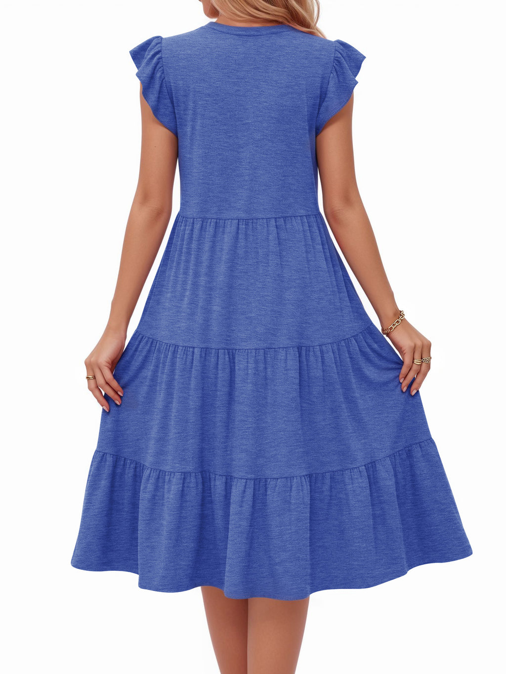 MOYIKO Summer Dresses for Women Ruffle Sleeve V Neck Midi Dresses Fashion Casual Flowy Beach Vacation Sundress with Pockets
