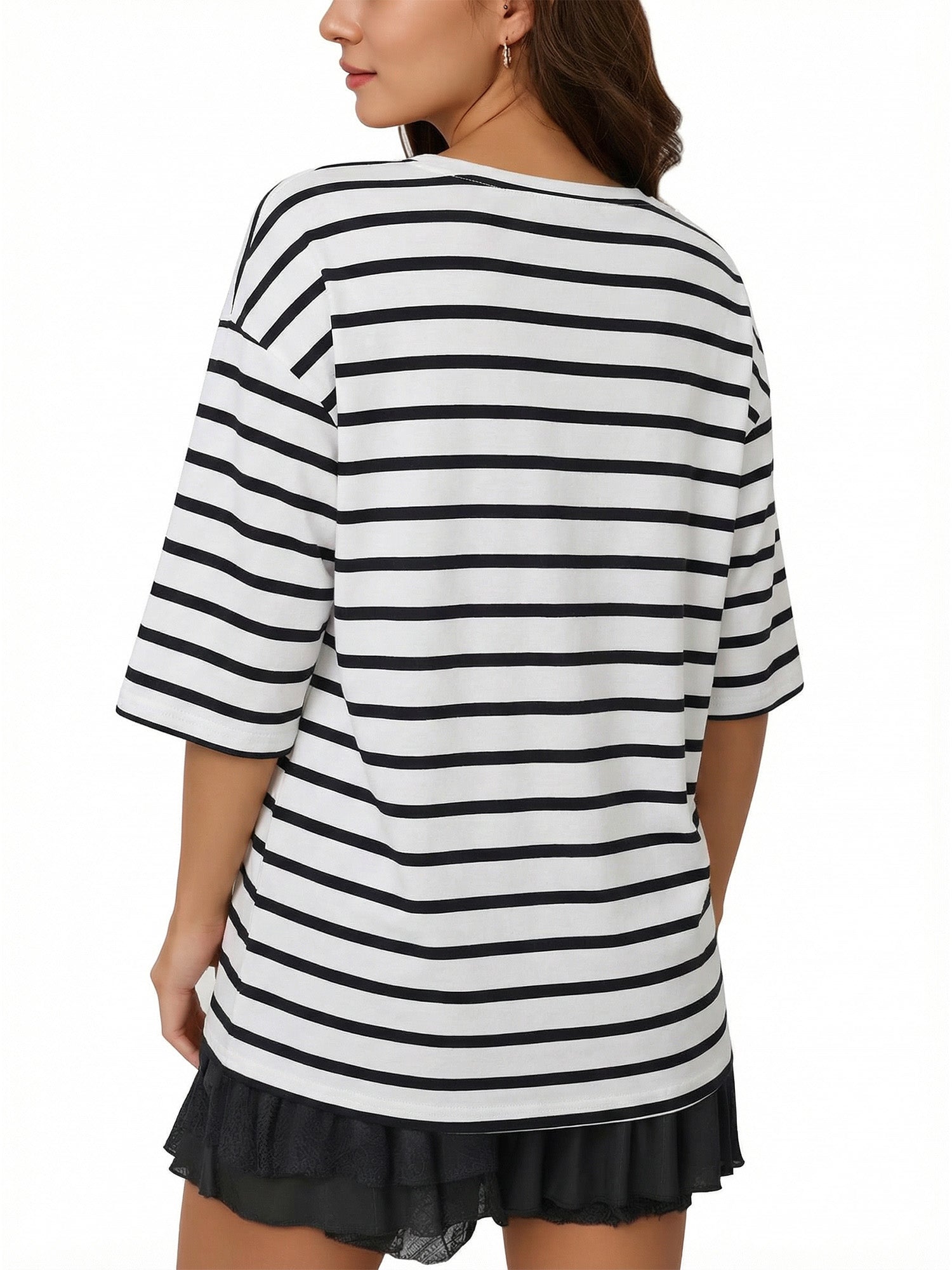 MOYIKO Striped T Shirts for Women 3/4 Length Sleeve Crewneck Casual Loose Fit Tees Summer Tops
