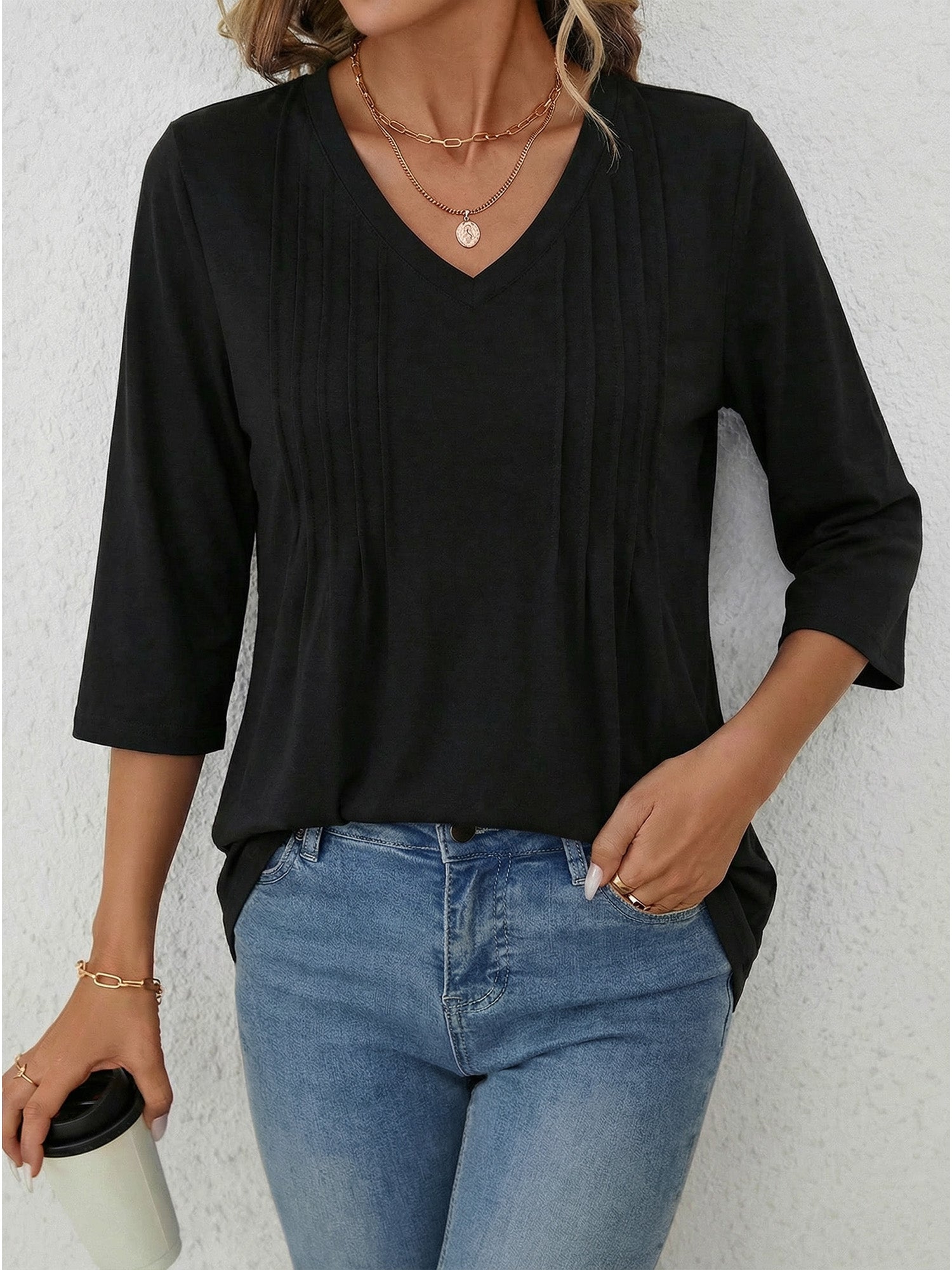 MOYIKO 3/4 Length Sleeve Womens Tops V Neck Pleated Blouses Dressy Casual Tunic Spring Summer Shirts