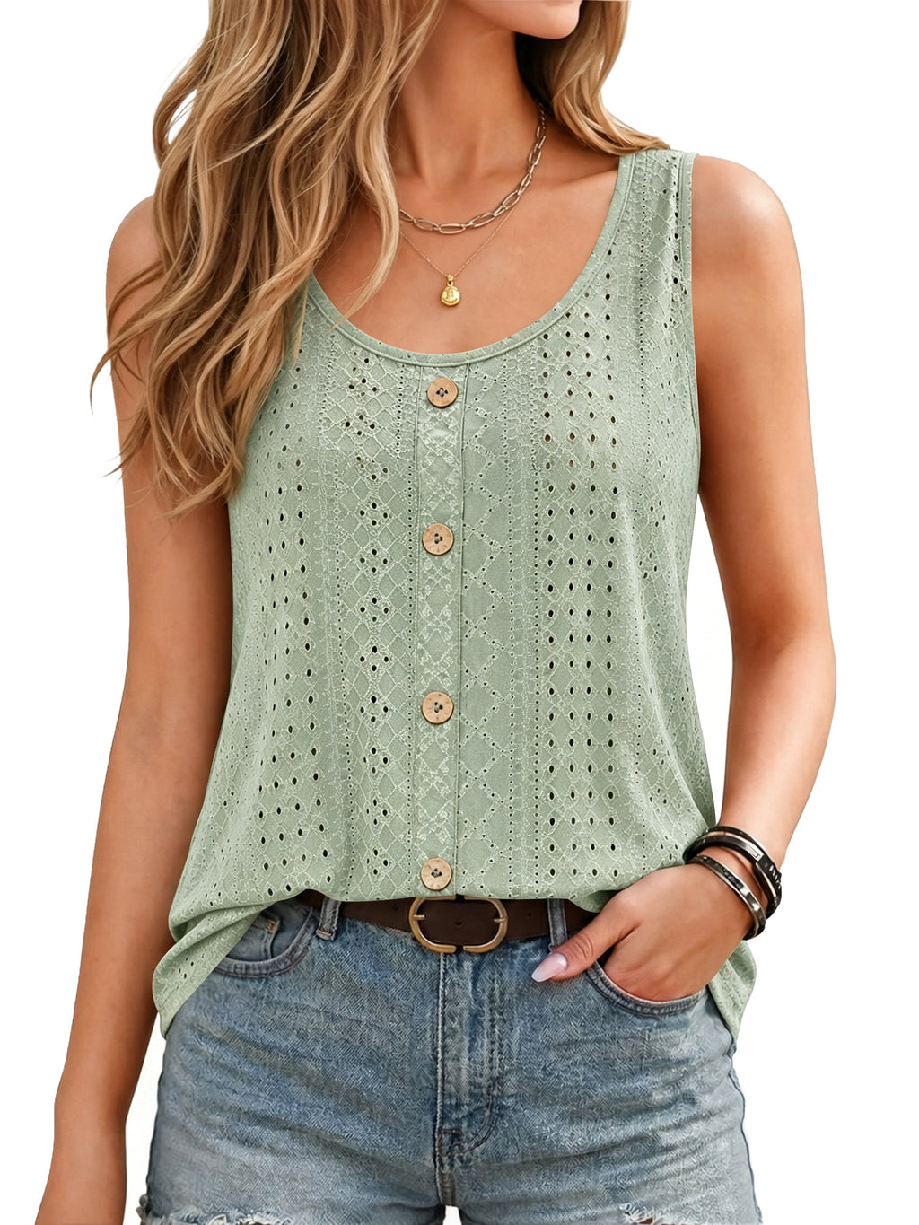 MOYIKO Tank Tops for Women Eyelet Crew Neck Sleeveless Tops Dressy Casual Trendy Flowy Summer Shirts Loose Fit