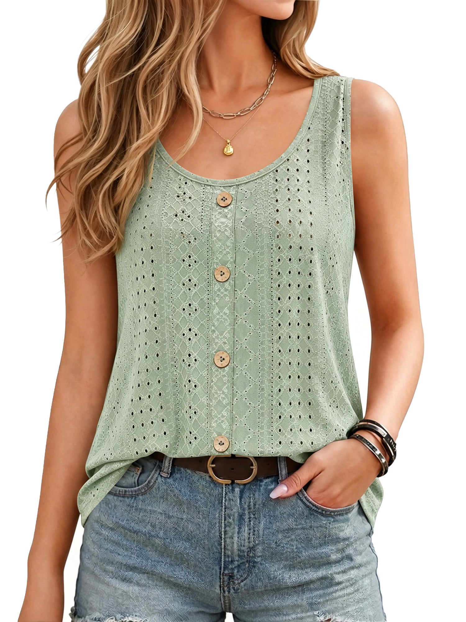 MOYIKO Tank Tops for Women Eyelet Crew Neck Sleeveless Tops Dressy Casual Trendy Flowy Summer Shirts Loose Fit