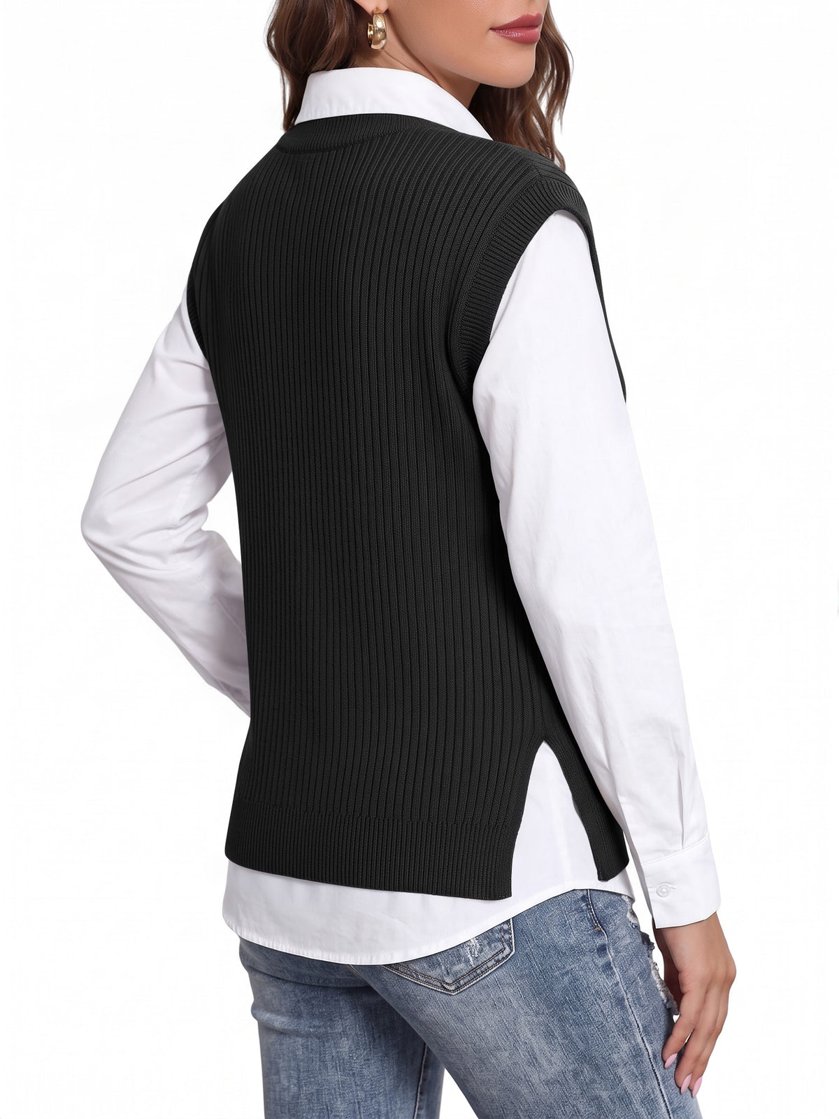 MOYIKO Sweater Vest Women Crew Neck Cap Sleeve Ribbed Knit Layering Tank Tops Side Slit Fall Winter Casual Going Out