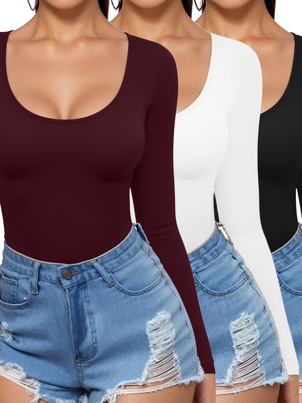MOYIKO 3 Pack Scoop Neck Long Sleeve Shirts for Women Slim Fitted Tees Basic Tops