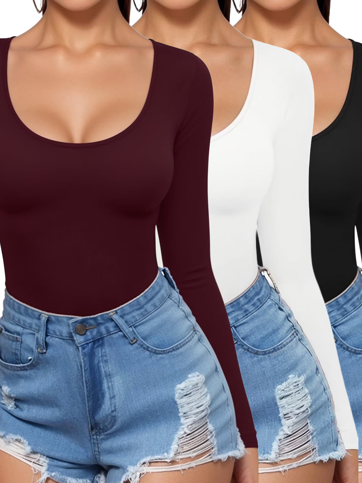 MOYIKO 3 Pack Scoop Neck Long Sleeve Shirts for Women Slim Fitted Tees Basic Tops