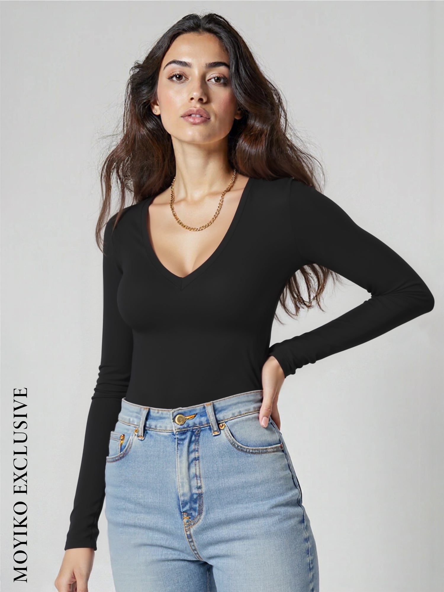MOYIKO V Neck Tight Long Sleeve Shirts for Women Fitted Tops Slim Tee