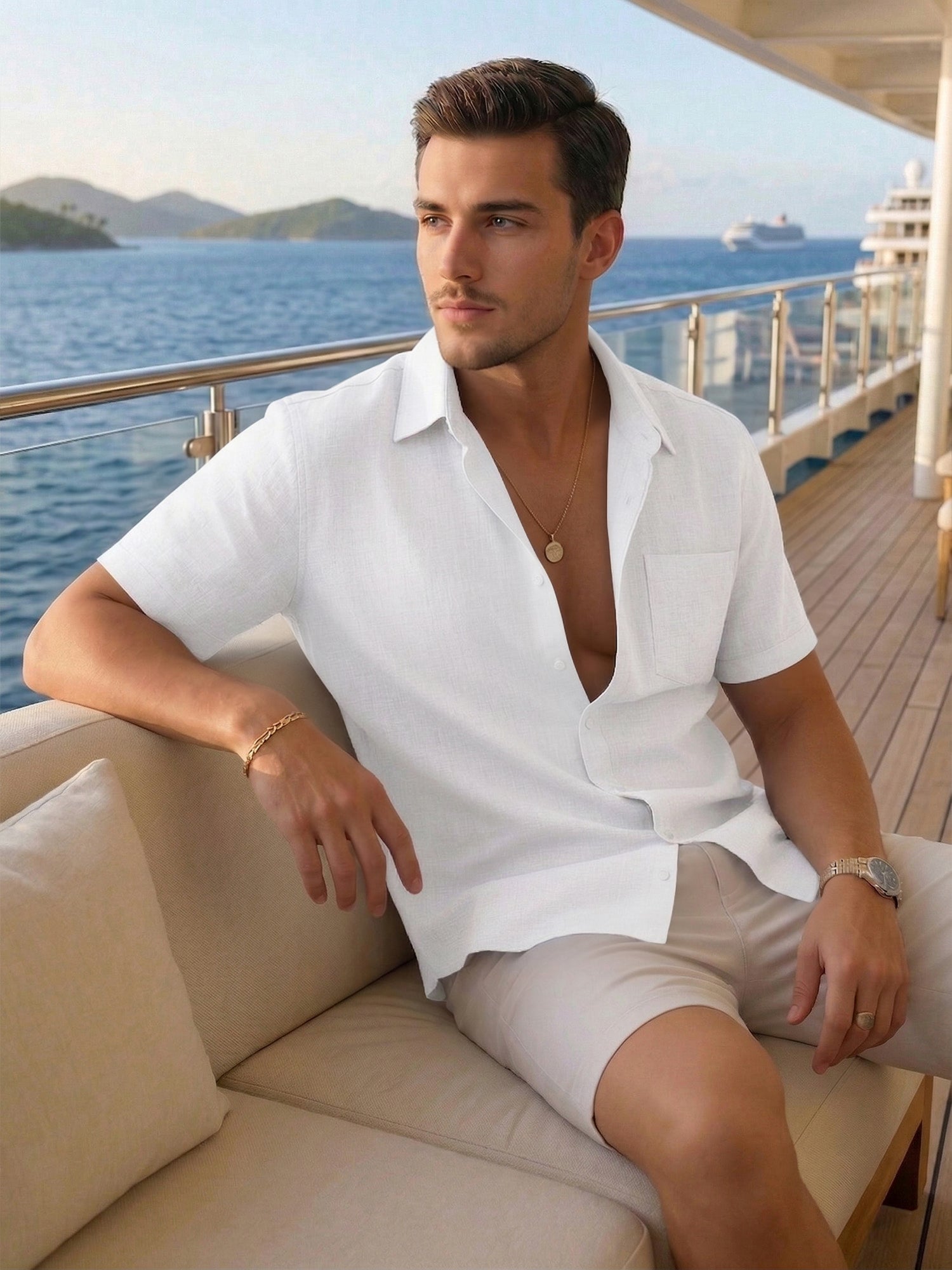RICHCOIN Mens Linen Shirts Short Sleeve Button Down Dress Shirts for Men Casual Summer Tops Beach