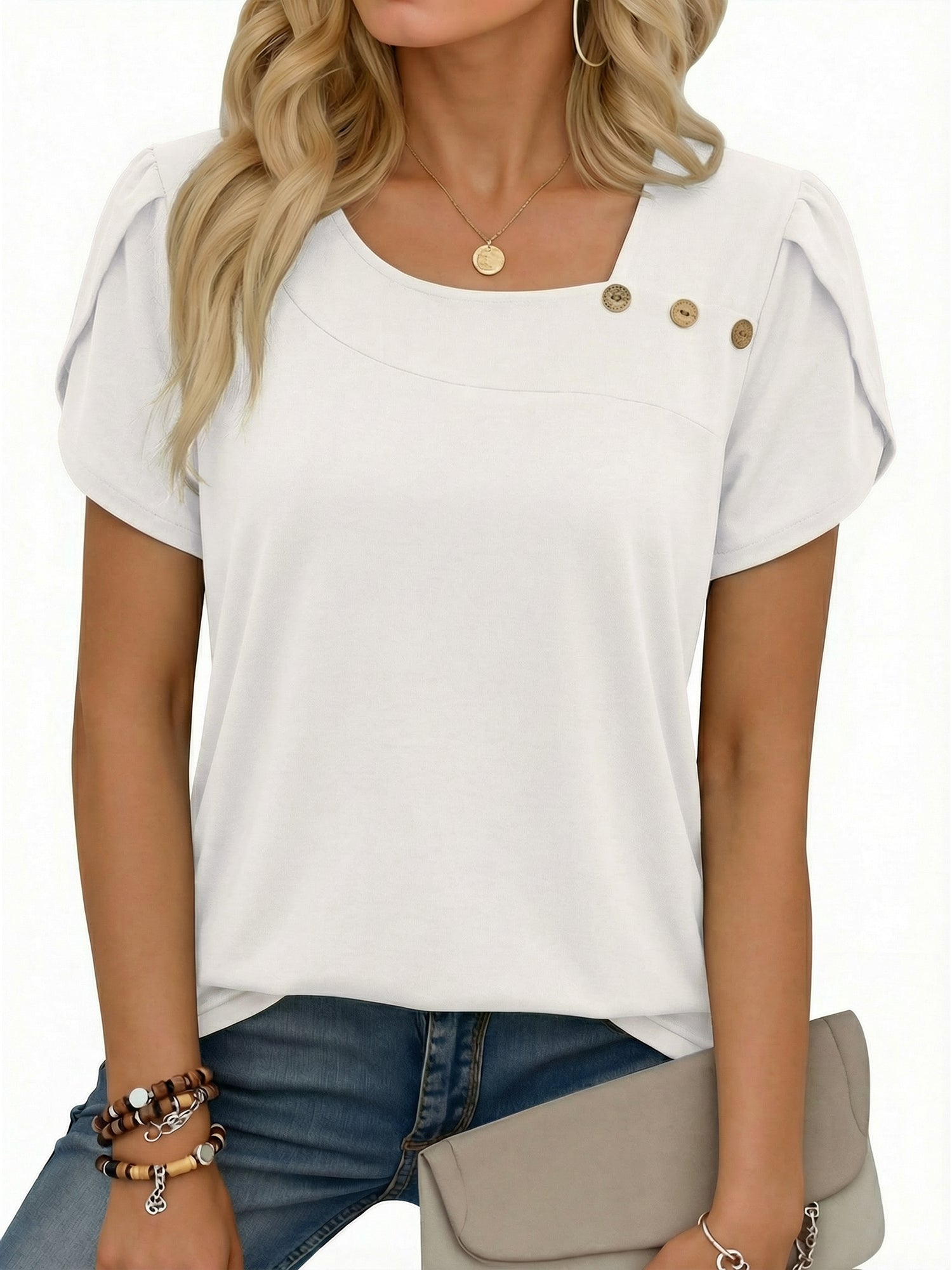 MOYIKO Womens Petal Sleeve Tops Summer Trendy T Shirt Casual Loose Square Neck Button Blouse Tees