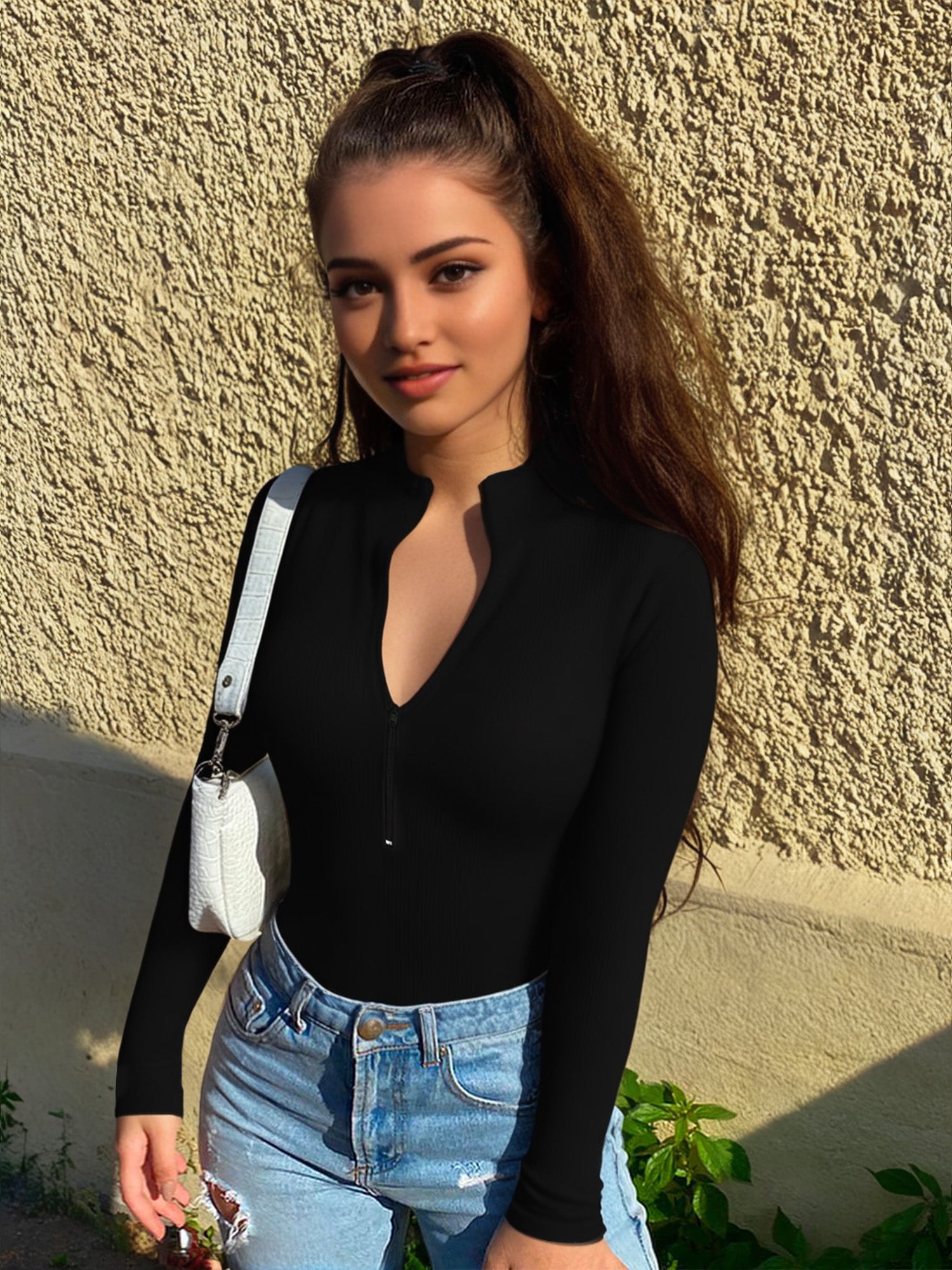 MOYIKO Mock Turtleneck for Women Zip up Long Sleeve Body Suits Womens Fitted Tight Tops