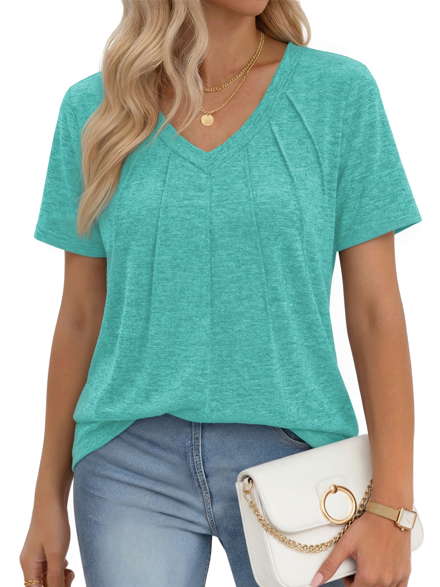 MOYIKO Blouses for Women Short Sleeve Shirts Dressy Casual V Neck Tunic Tops with Pleats