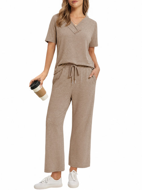 MOYIKO 2 Piece Sets for Women Casual Summer Travel Vacation Outfits Short Sleeve Tops Wide Leg Pants with Pockets Lounge Sets