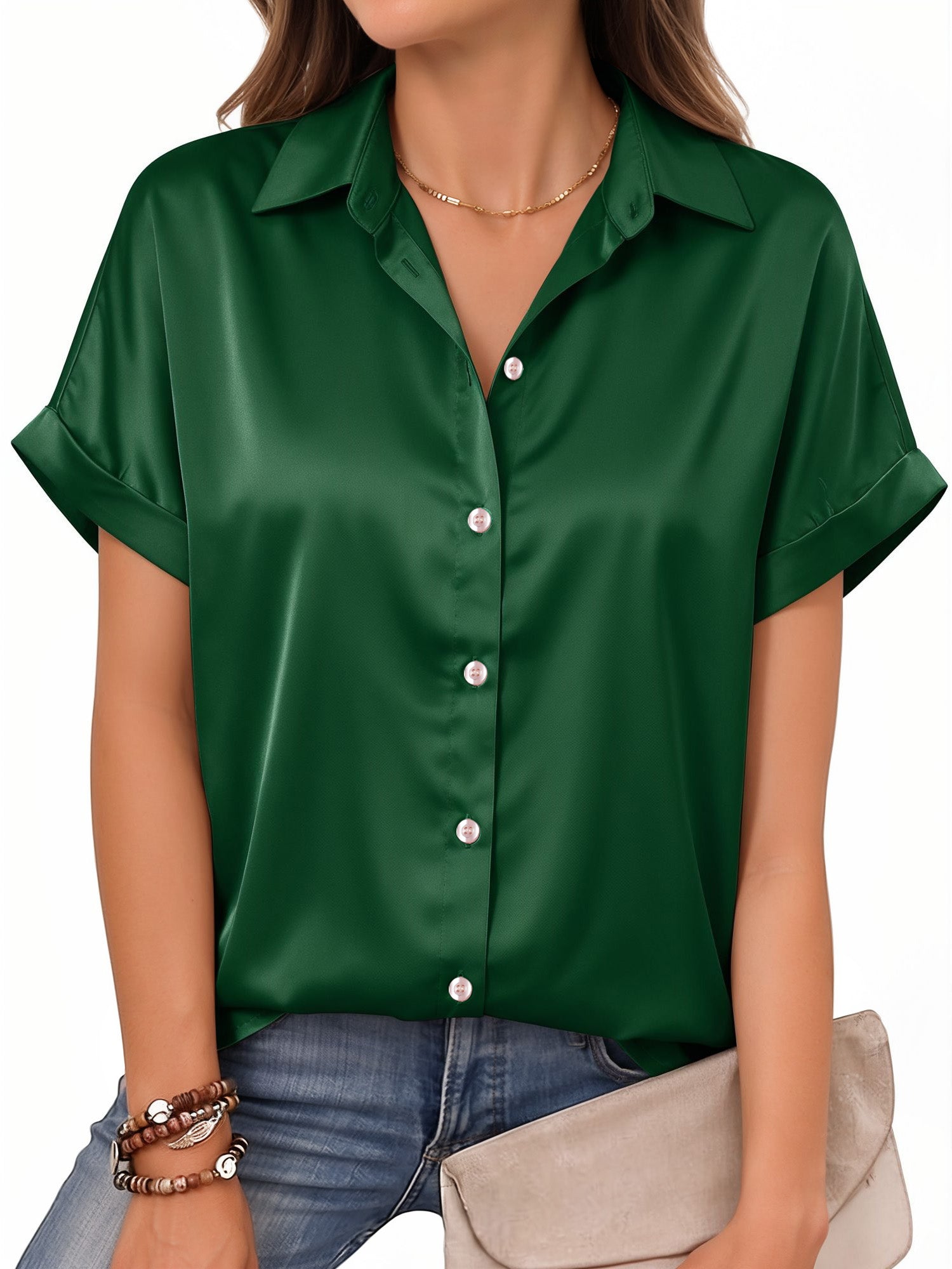 MOYIKO Women Button Blouse Satin Shirts Short Rolled Sleeve V Neck Summer Top Work Office Shirt