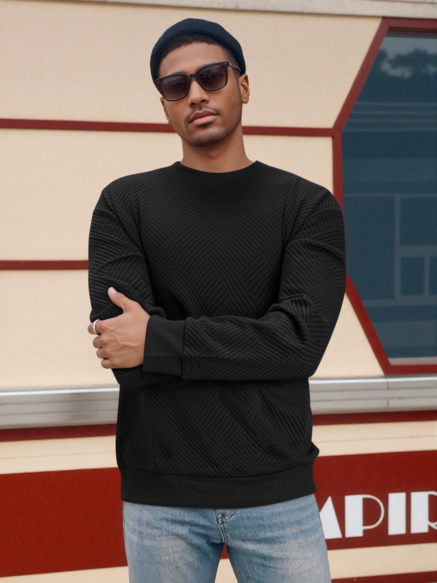 OALUXE Sweatshirts for Men Geometric Texture Pullover Long Sleeve Shirts Crewneck Casual Tops