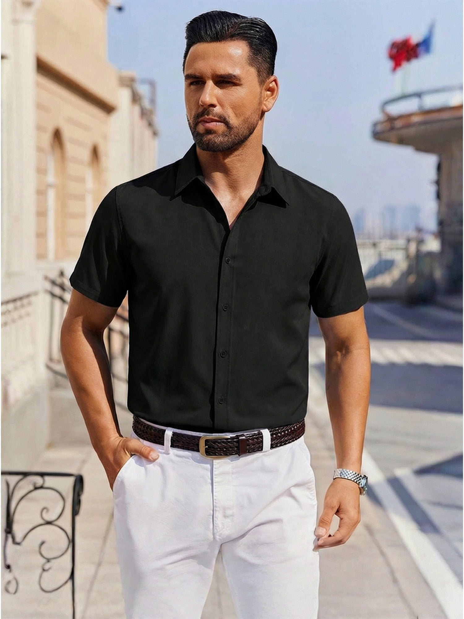 RICHCOIN Short Sleeve Mens Dress Shirts Casual Solid Shirts for Men Button Down Business Shirt