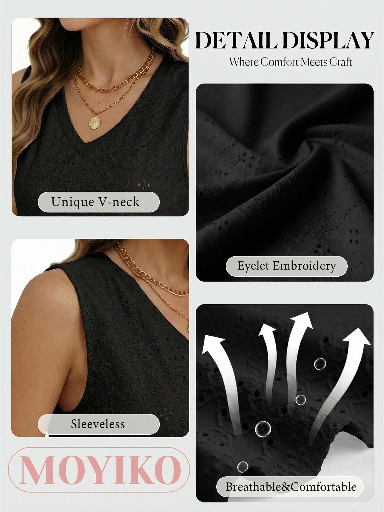 MOYIKO Tank Tops for Women Eyelet V Neck Trendy Sleeveless Tops Dressy Casual Flowy Summer Shirts Loose Fit