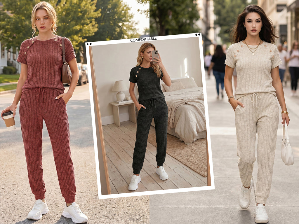 MOYIKO 2 Piece Sets for Women Summer Outfits Fashion Lounge Sets Crew Neck Tops Long Pants Tracksuit Vacation Travel Outfits