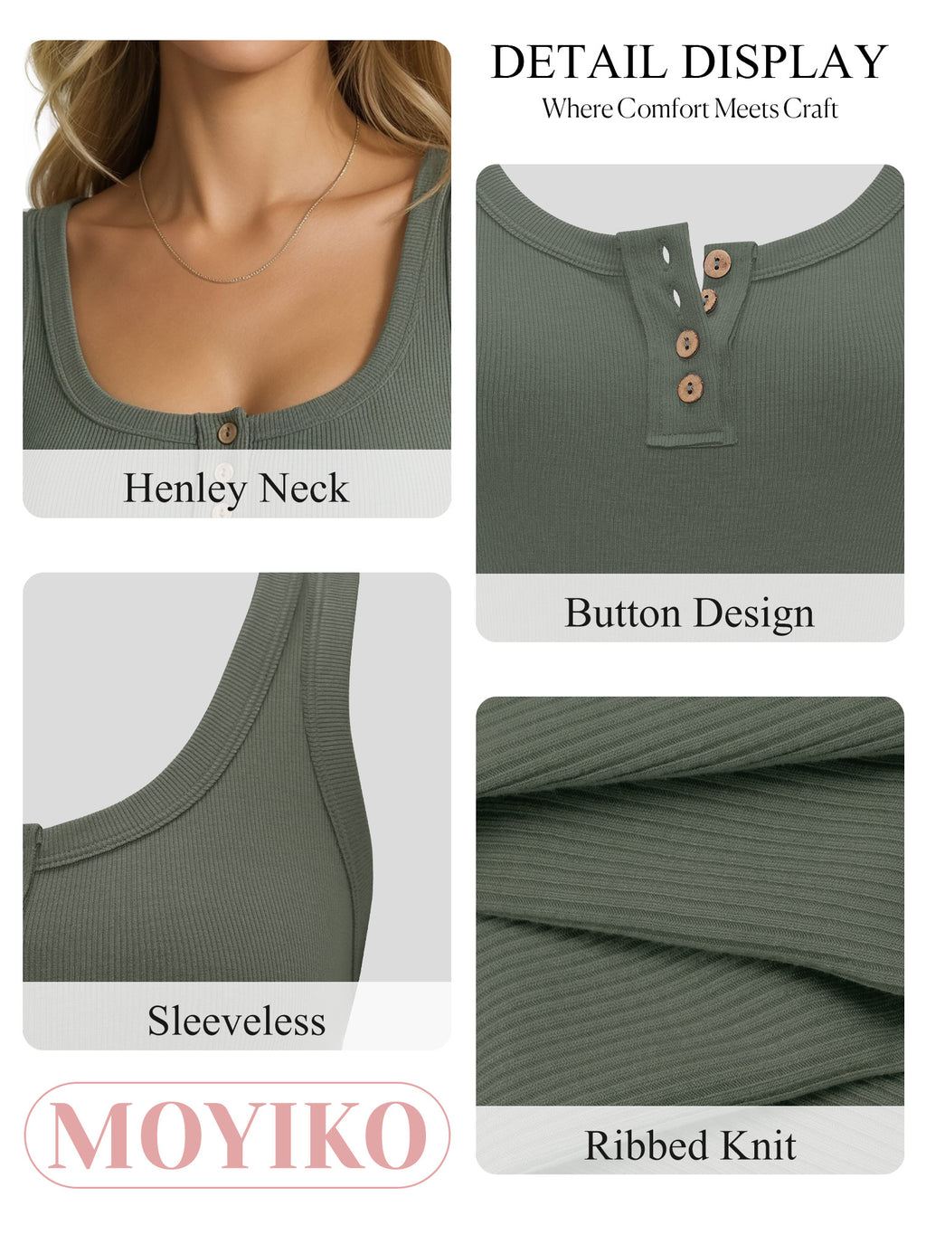 MOYIKO Women's Sleeveless Henley Tank Tops Ribbed V Neck Button Down T Shirts Summer Slim Fit Tee Tops