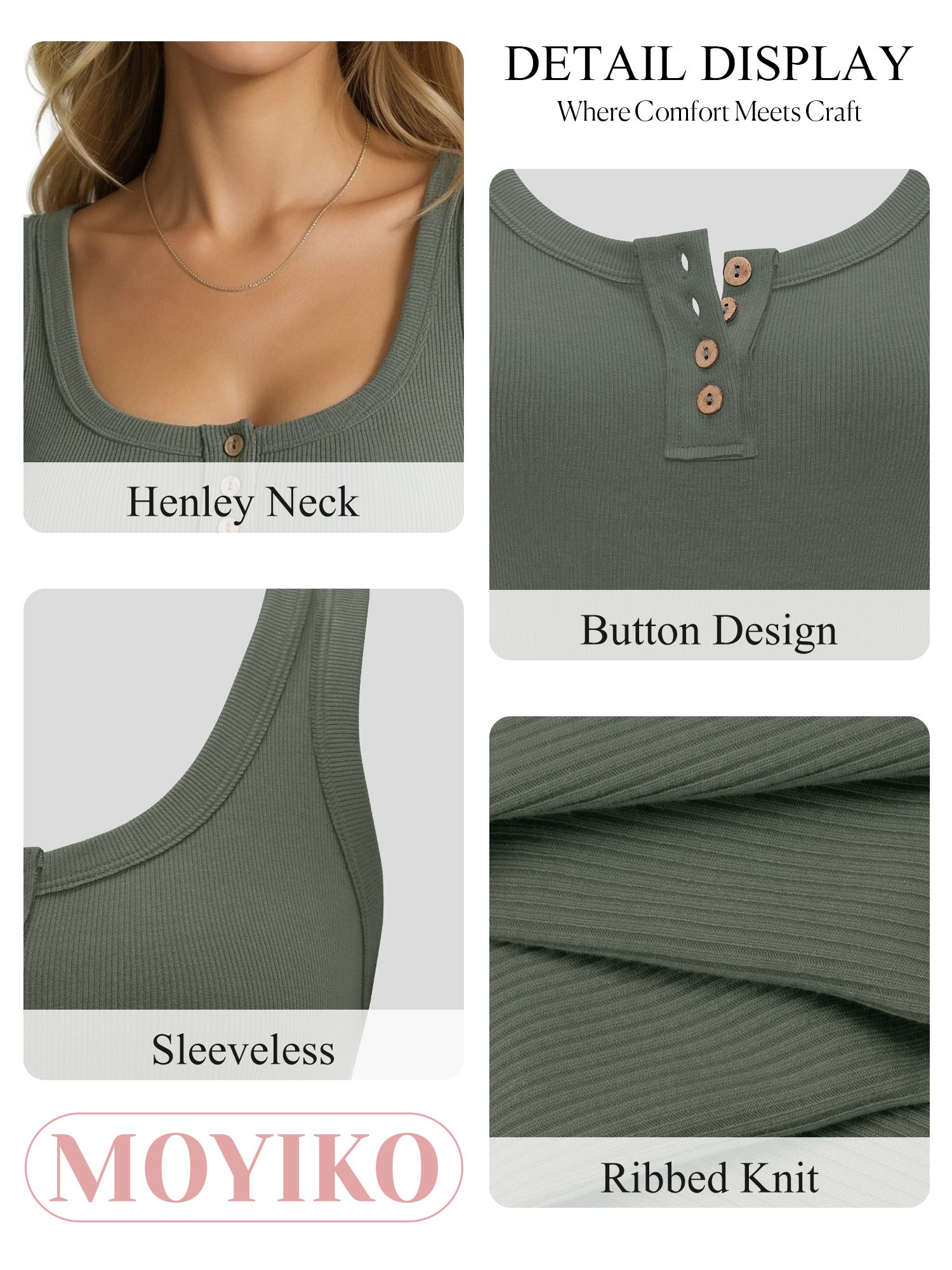 MOYIKO Women's Sleeveless Henley Tank Tops Ribbed V Neck Button Down T Shirts Summer Slim Fit Tee Tops