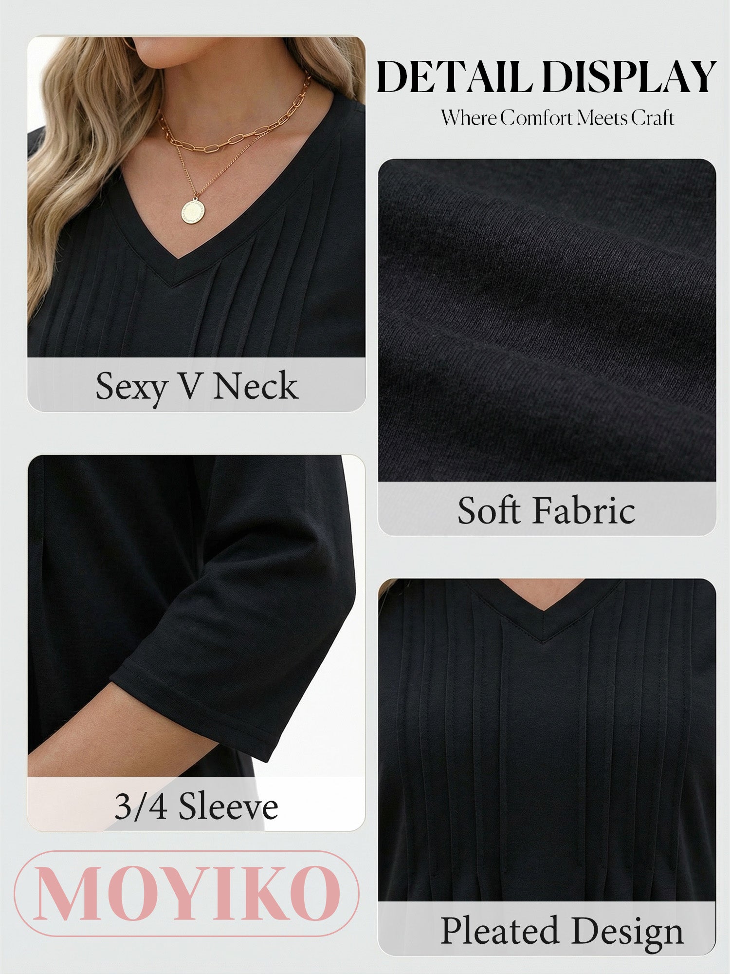 MOYIKO 3/4 Length Sleeve Womens Tops V Neck Pleated Blouses Dressy Casual Tunic Spring Summer Shirts