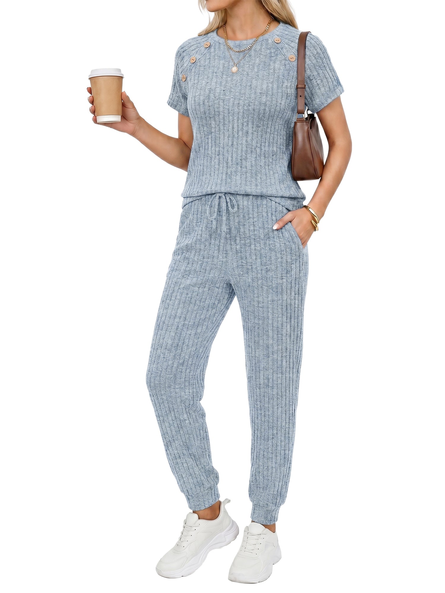 MOYIKO 2 Piece Sets for Women Summer Outfits Fashion Lounge Sets Crew Neck Tops Long Pants Tracksuit Vacation Travel Outfits