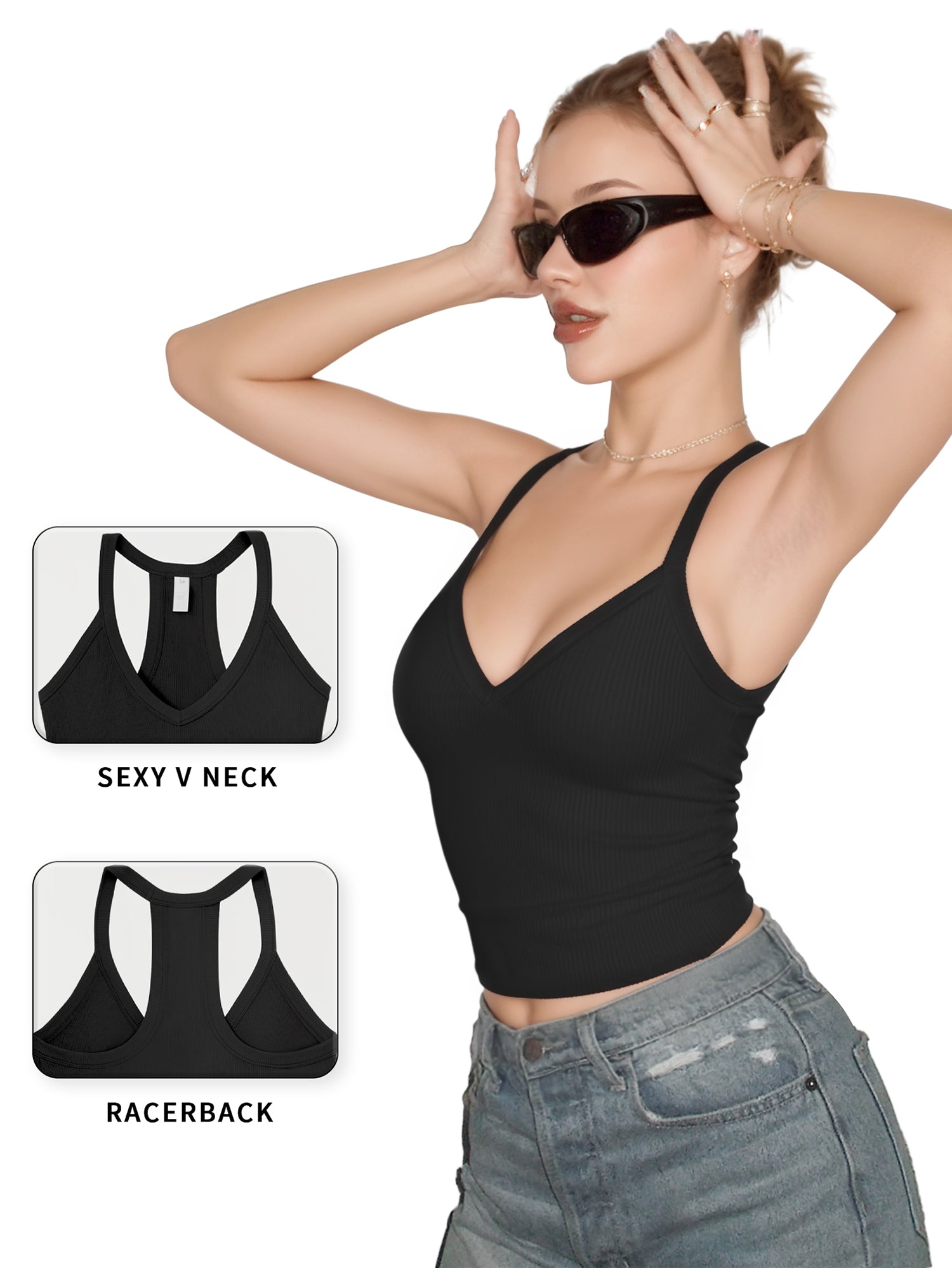 MOYIKO Workout Tank Top for Women V Neck Ribbed Racerback Fitted Cami Sleeveless Summer Tops