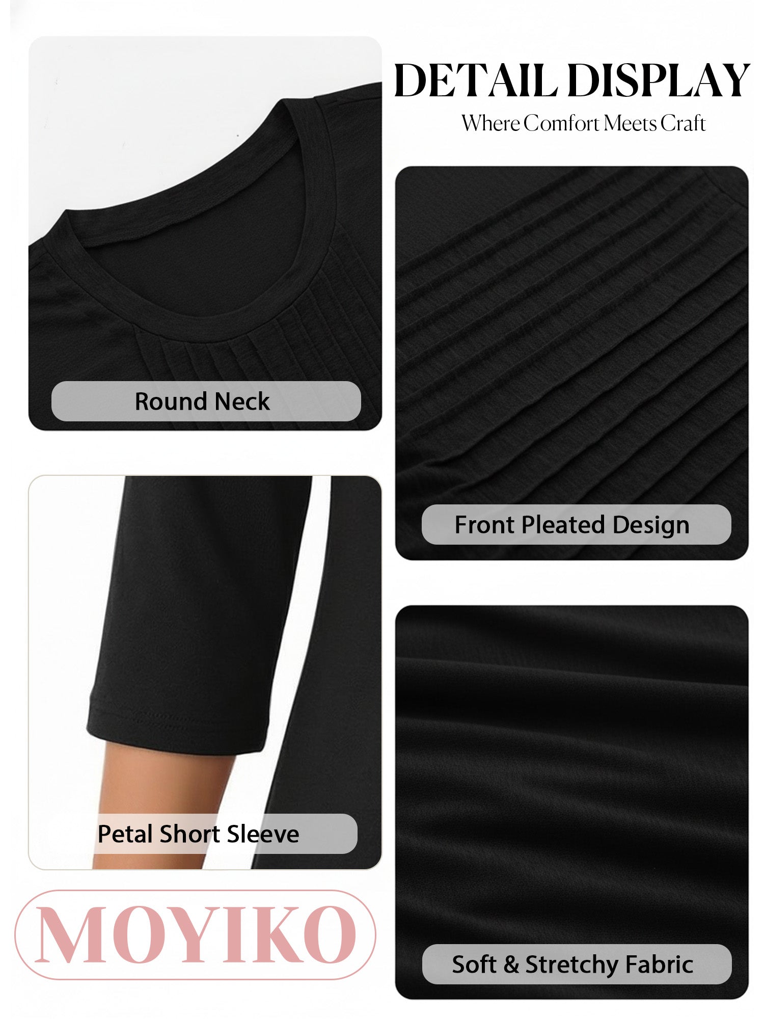 MOYIKO 3/4 Length Sleeve Womens Tops Round Neck T Shirts Pleated Tunic Summer Blouses Dressy Casual