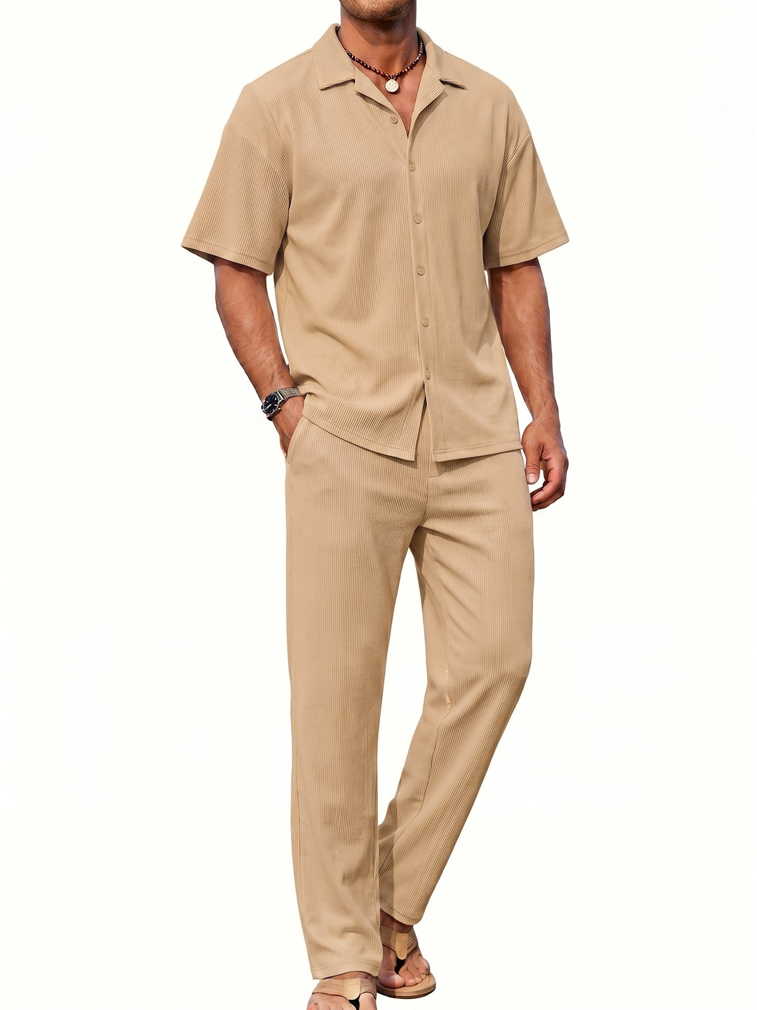 RICHCOIN Men 2 Piece Outfit Set Summer Beach Vacation Suit Short Sleeve Button Shirt & Loose Pant