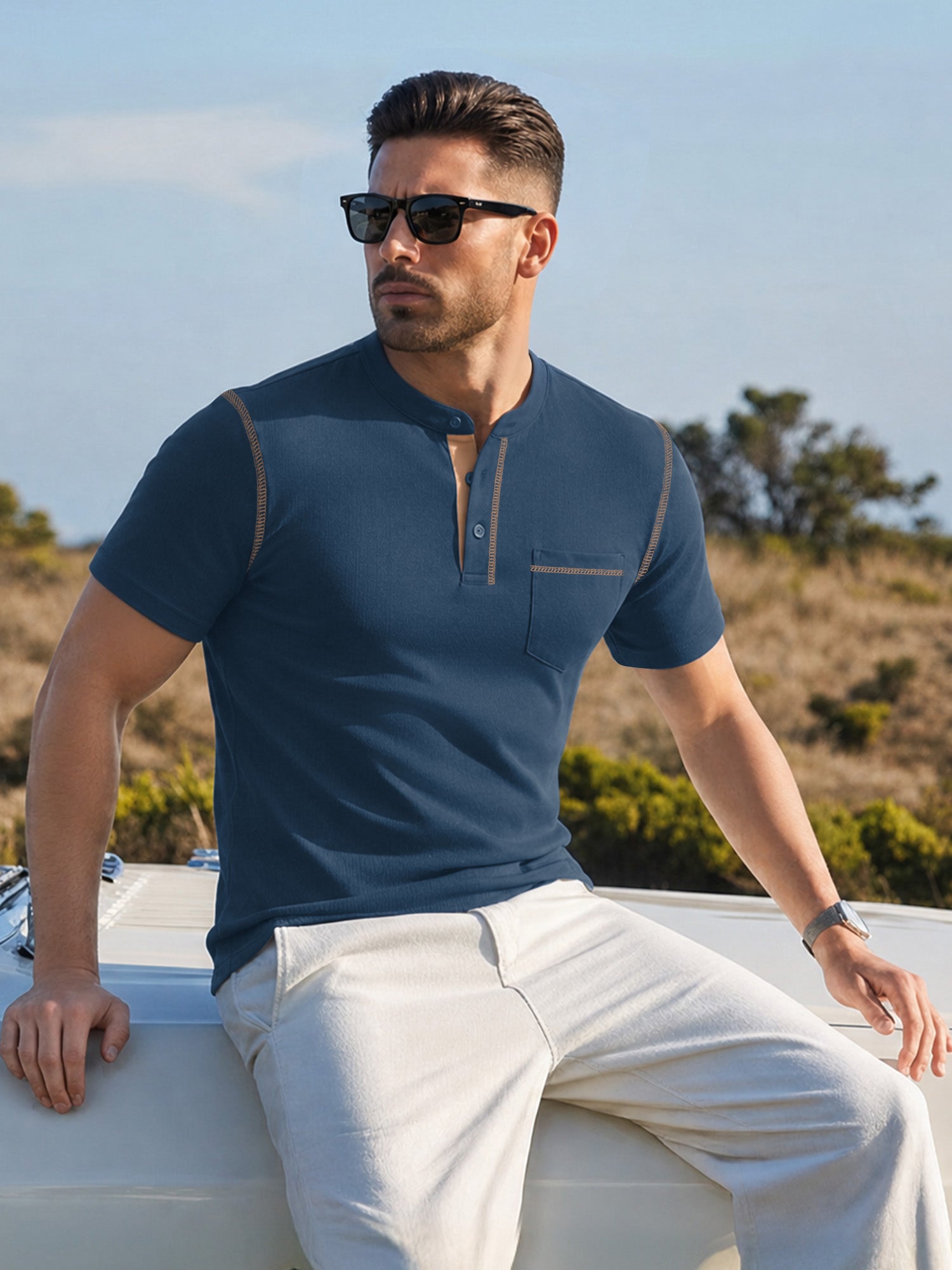 RICHCOIN Henley Men Shirts Short Sleeve T Shirts for Men Summer Tops Classic Pocket Button Casual Color Block Blue Tees