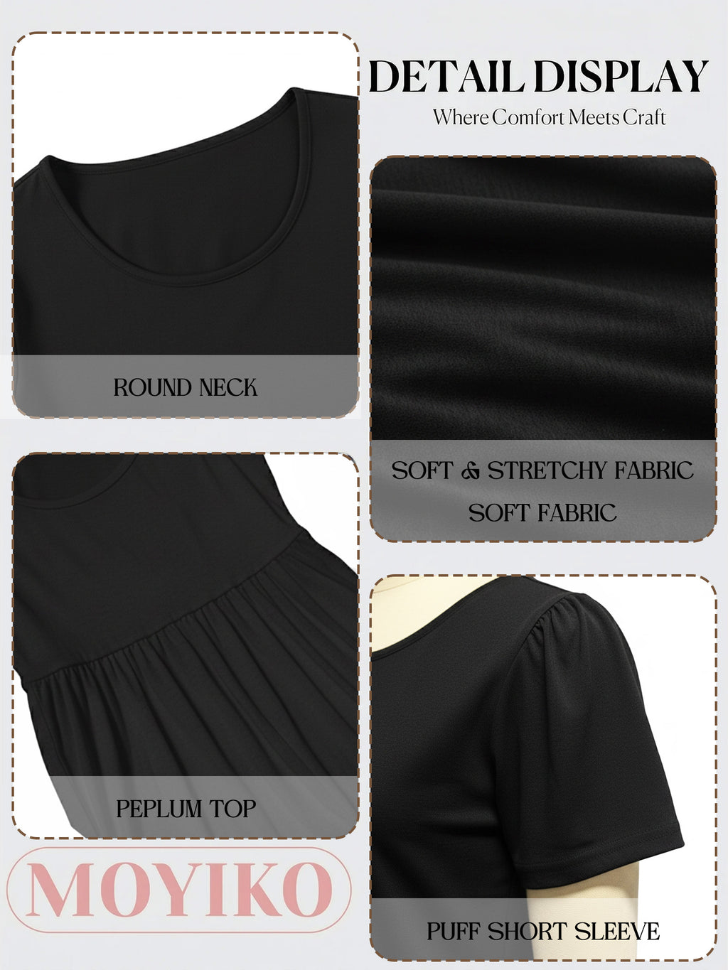 MOYIKO Womens T Shirts Short Sleeve Summer Tops Babydoll Puff Peplum Round Neck Tunic Dressy Casual