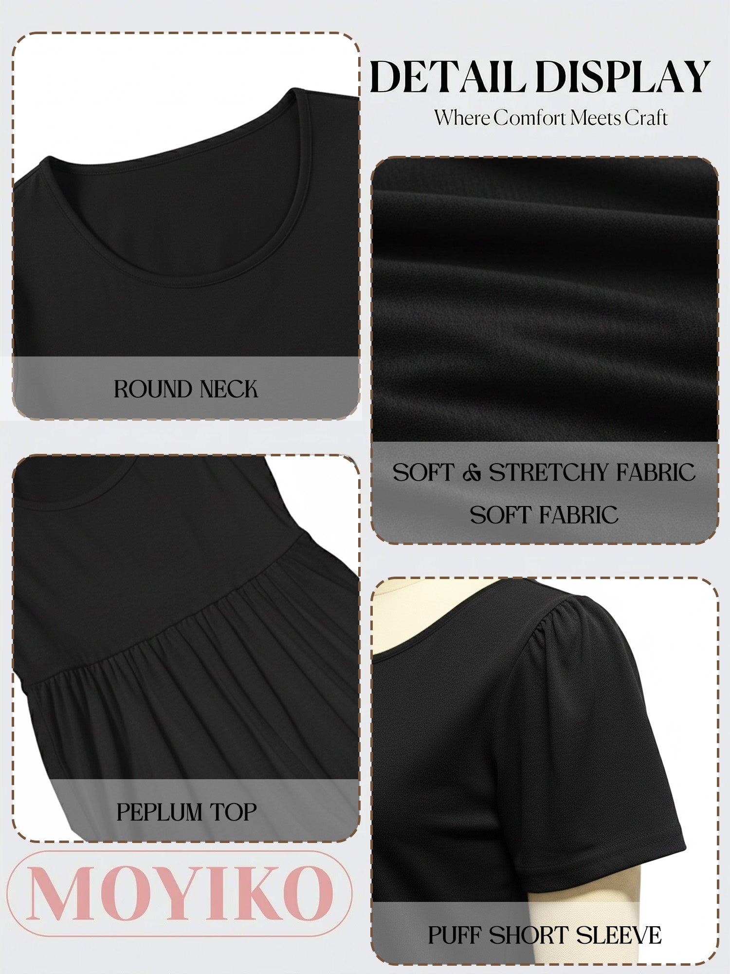 MOYIKO Womens T Shirts Short Sleeve Summer Tops Babydoll Puff Peplum Round Neck Tunic Dressy Casual