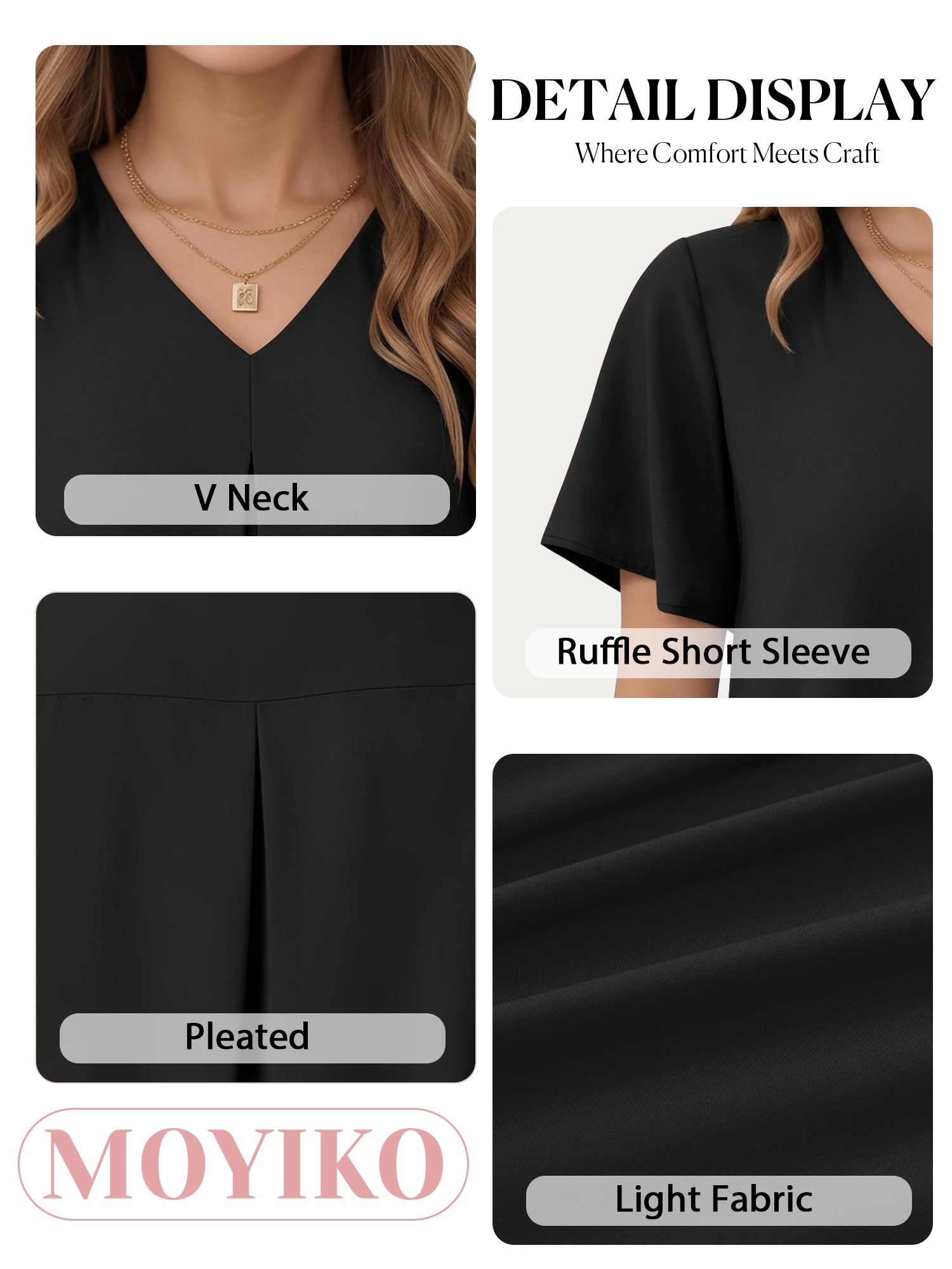MOYIKO Womens Tops Dressy Blouses V Neck Ruffle Short Sleeve Tunic Tops Casual T-Shirts