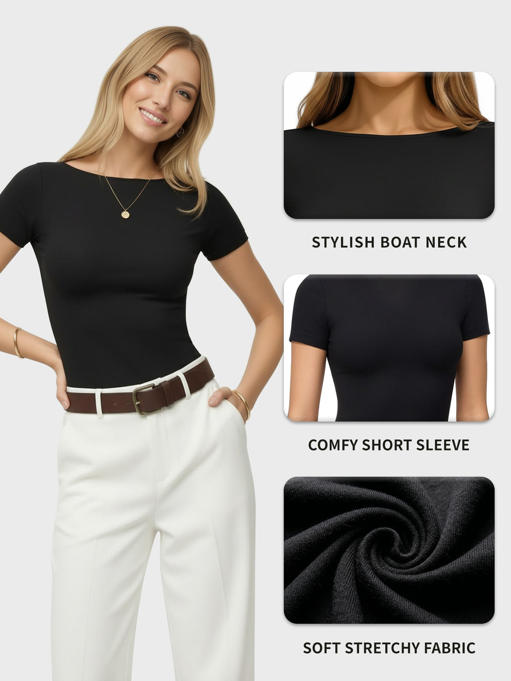 MOYIKO Womens T Shirts Short Sleeve Boat Neck Slim Fit Tee Basic Summer Tops