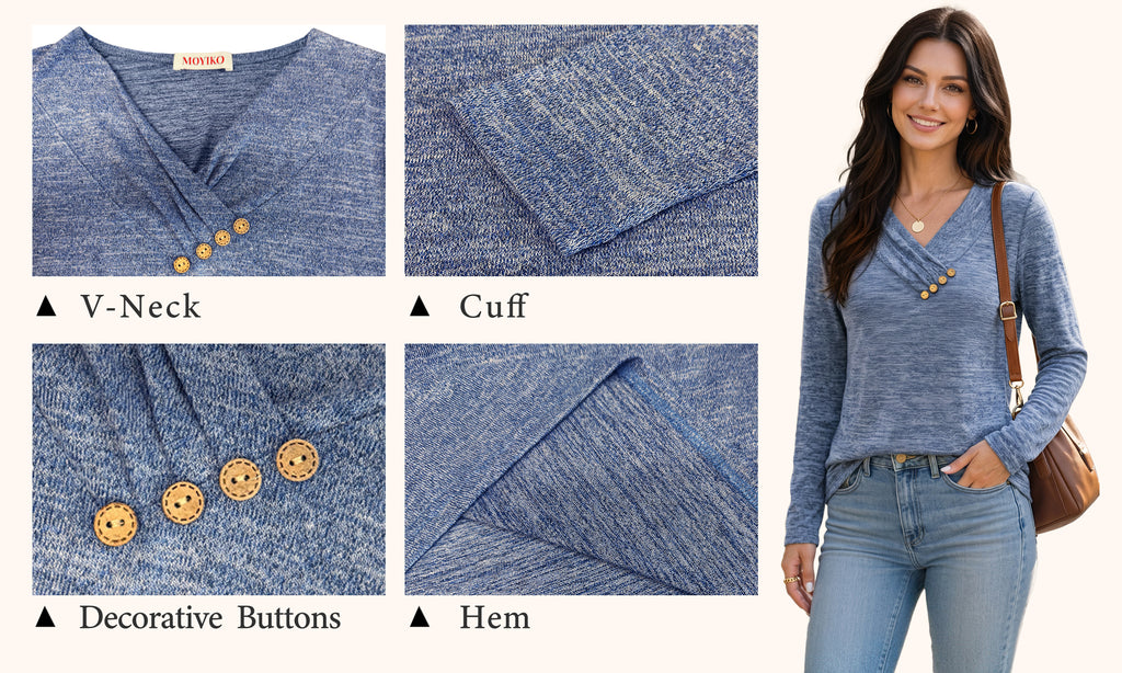MOYIKO V Neck Blouses for Women Button Long Sleeve Tunic Dressy Casual Work Shirts Trendy Fall Winter Tops