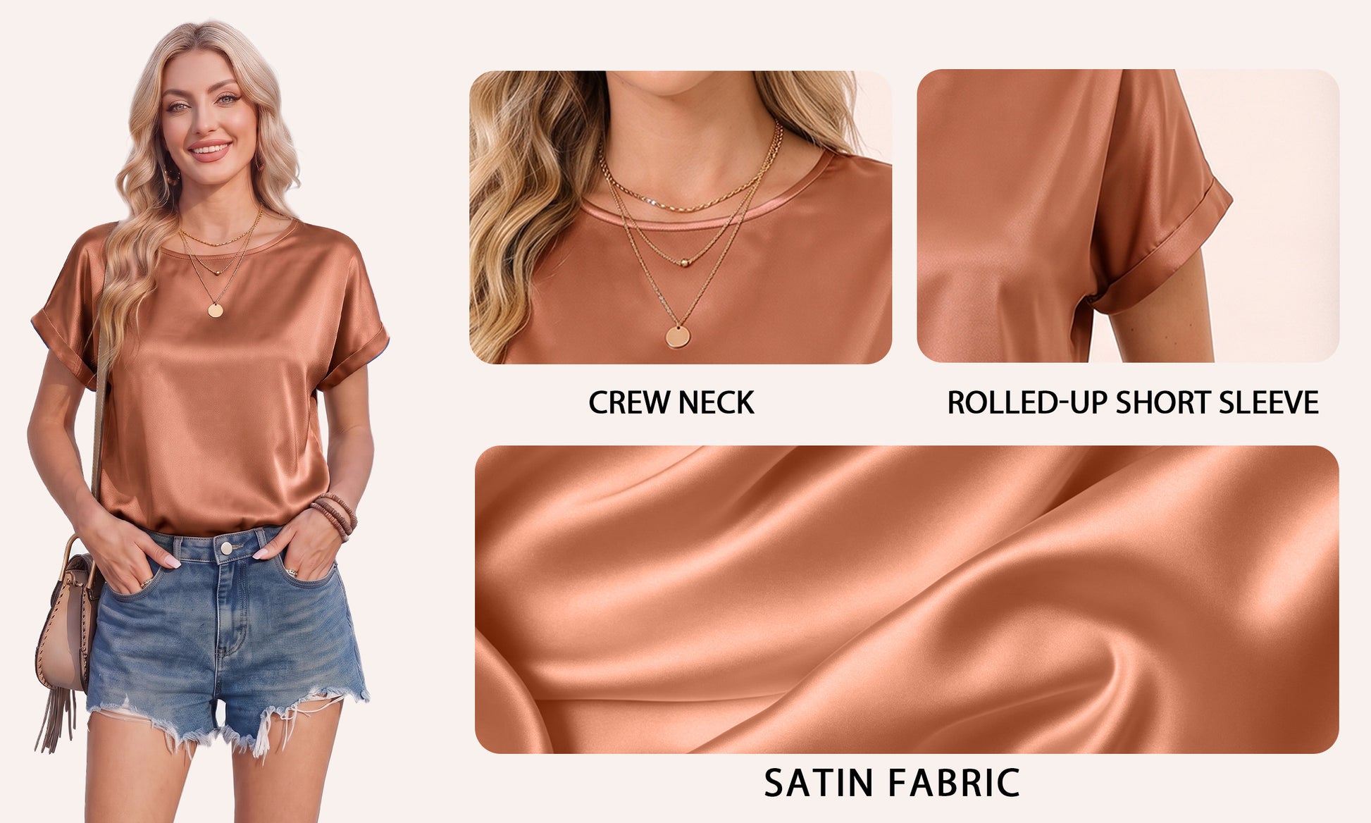 MOYIKO Satin Blouse for Women Short Sleeve Crewneck Silk Shirt Business Casual Outfit Summer Dressy Clothes