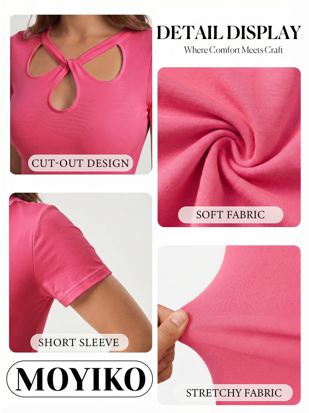MOYIKO Crewneck T Shirts for Women Short Sleeve Sexy Cutout Slim Fitted Tees Elegant Tight Summer Tops