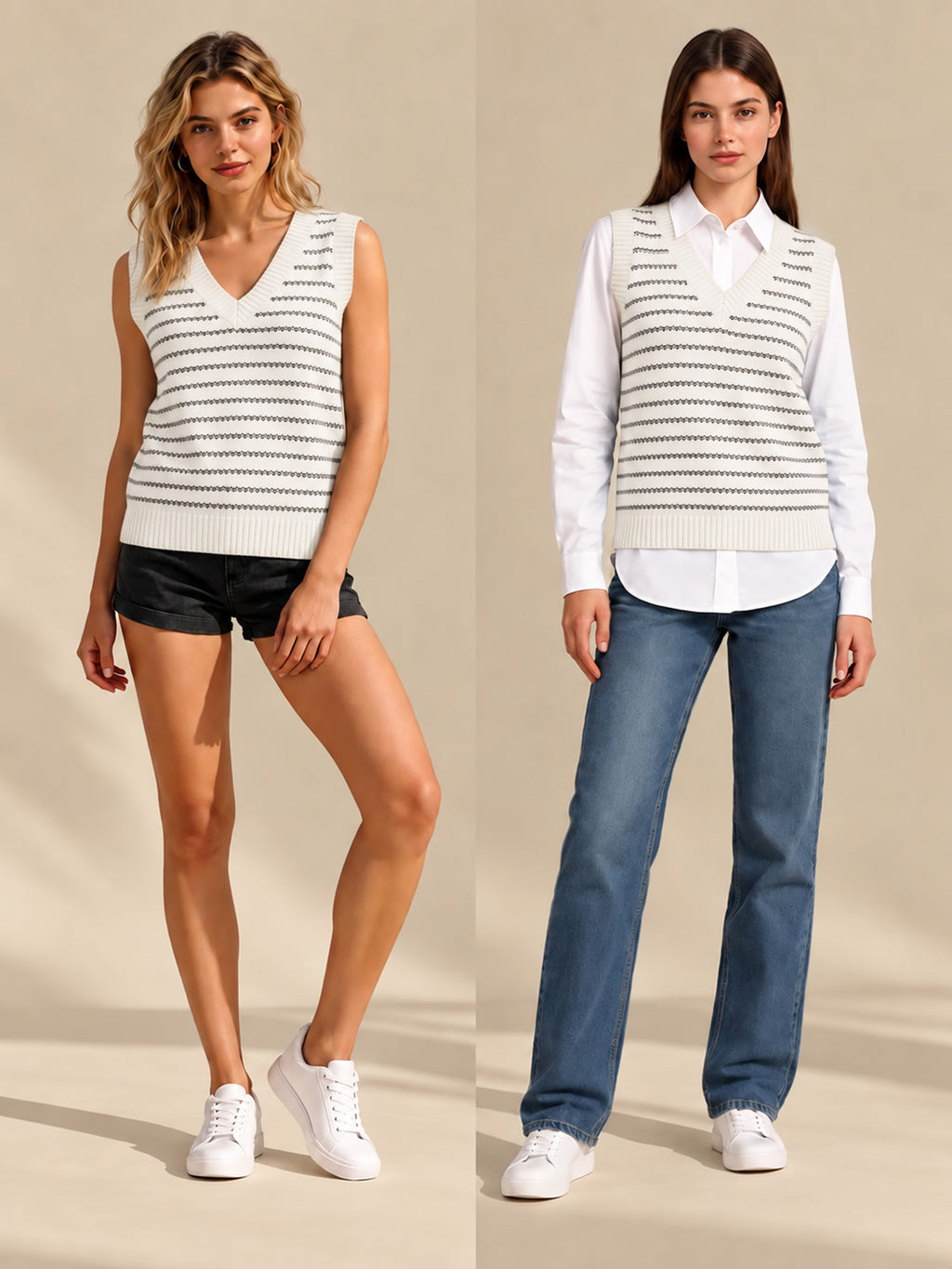 MOYIKO Sleeveless Sweater Vest for Women V Neck Striped Knit Tank Tops Casual Cute Clothes