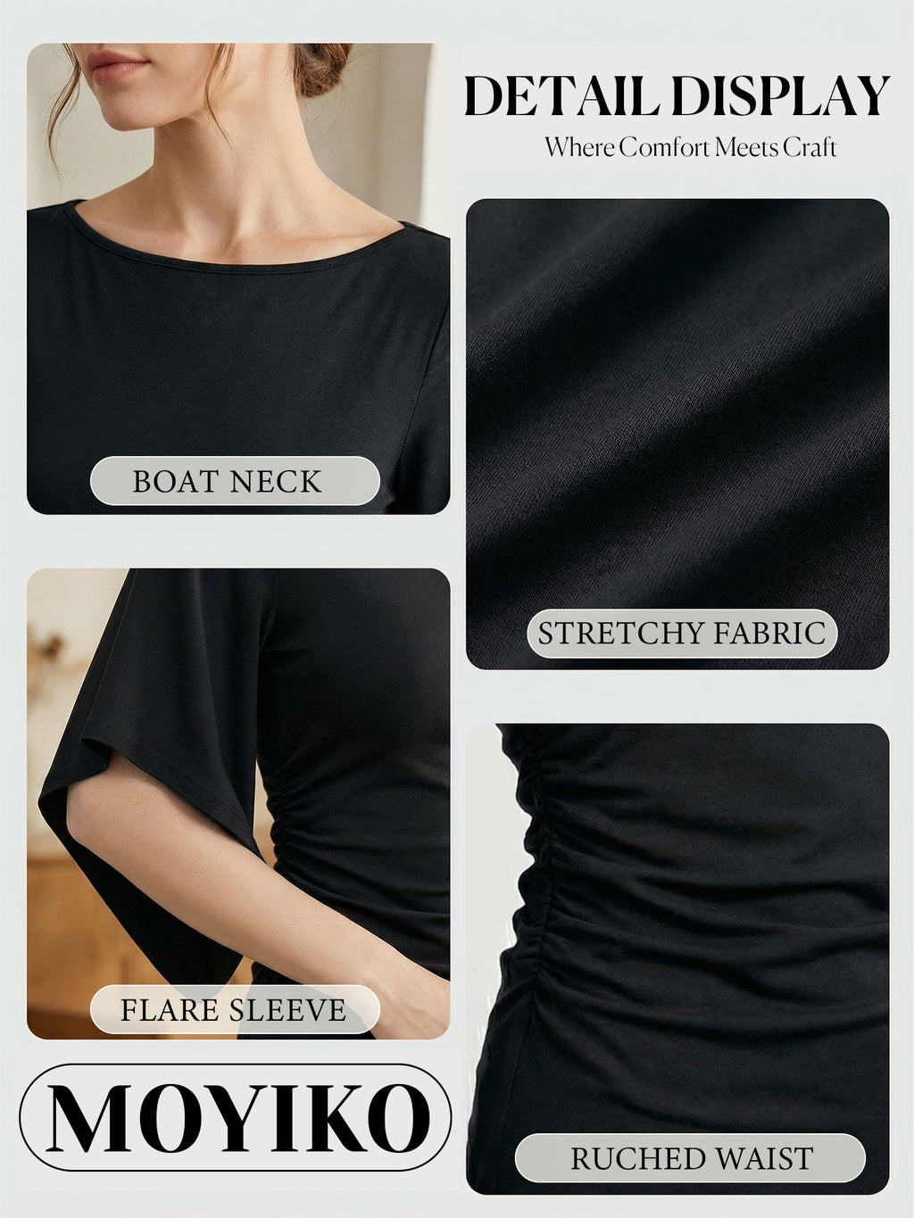 MOYIKO T Shirts for Women Boat Neck 3/4 Flare Sleeve Ruched Fitted Shirts