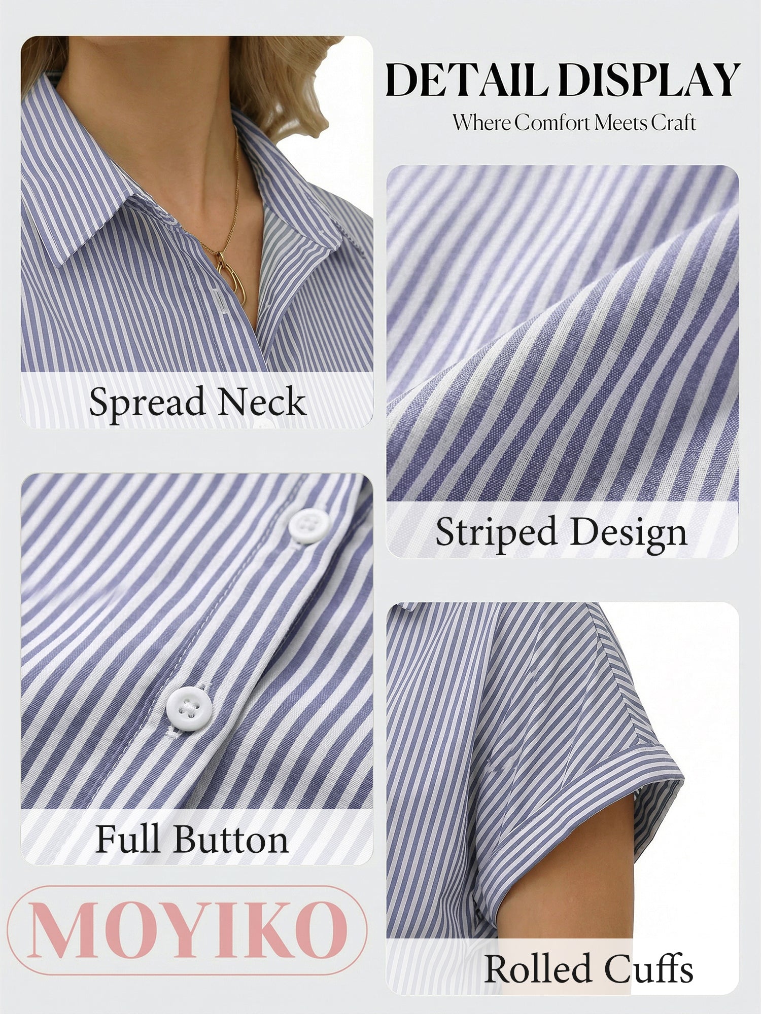 MOYIKO Short Sleeve Summer Tops for Women Casual Button Down Shirts Striped Business Work Blouses