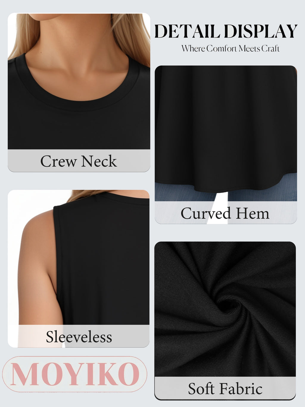 MOYIKO Tank Tops for Women Crew Neck Loose Fit Sleeveless Top Summer Clothes Womens Tunic Tops