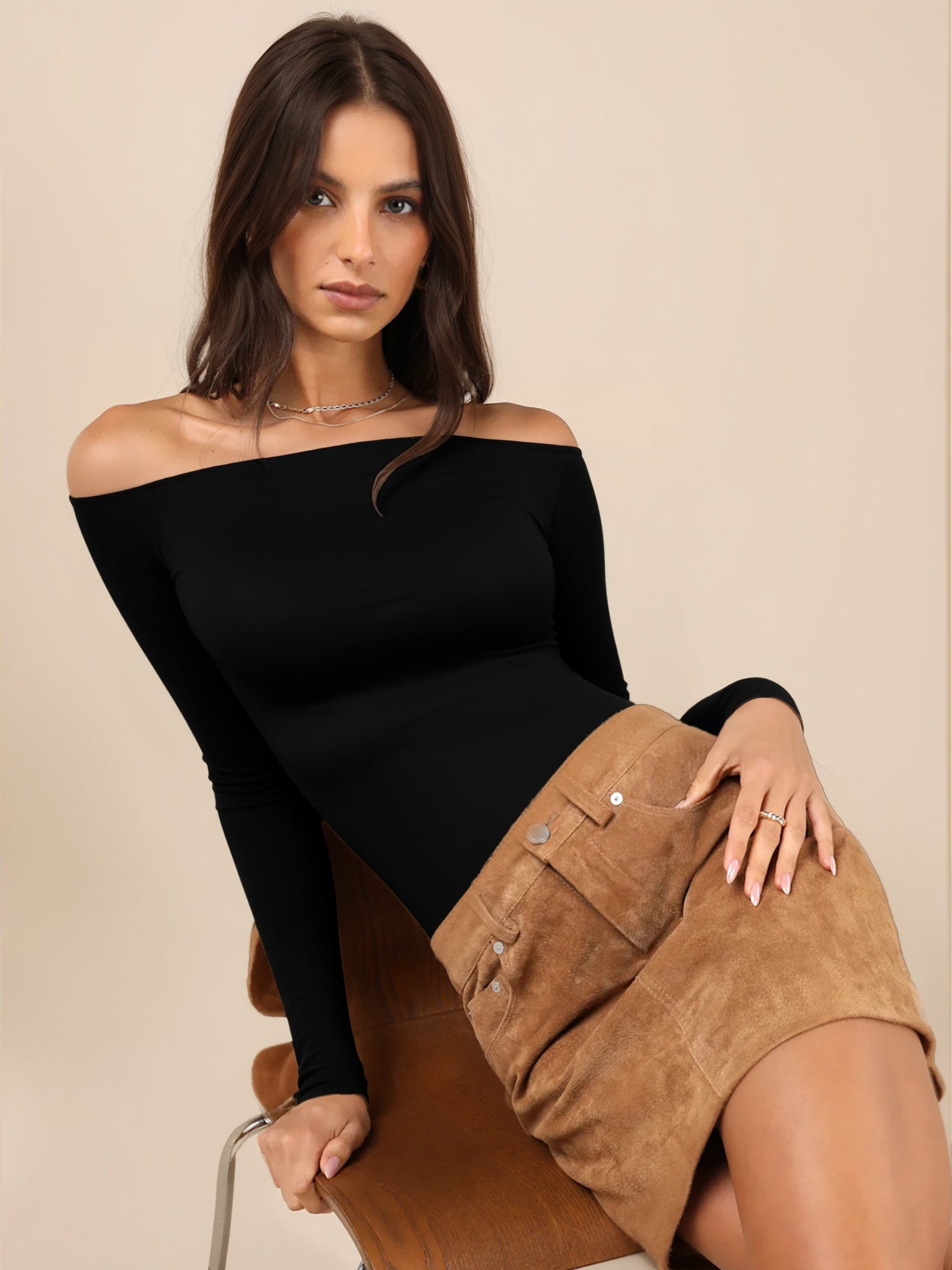 MOYIKO Off the Shoulder Tops for Women Long Sleeve Body Suits for Womens Fitted Tight Tops