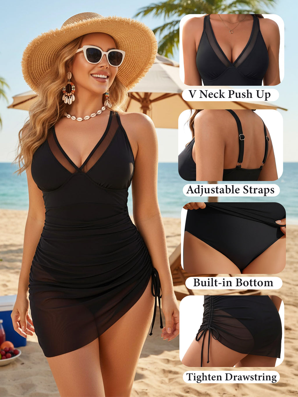 MOYIKO Women One Piece Swimsuit Tummy Control Bathing Suit Mesh Sheer Sarong Wraps Swim Dress Black Monikini Swimwear