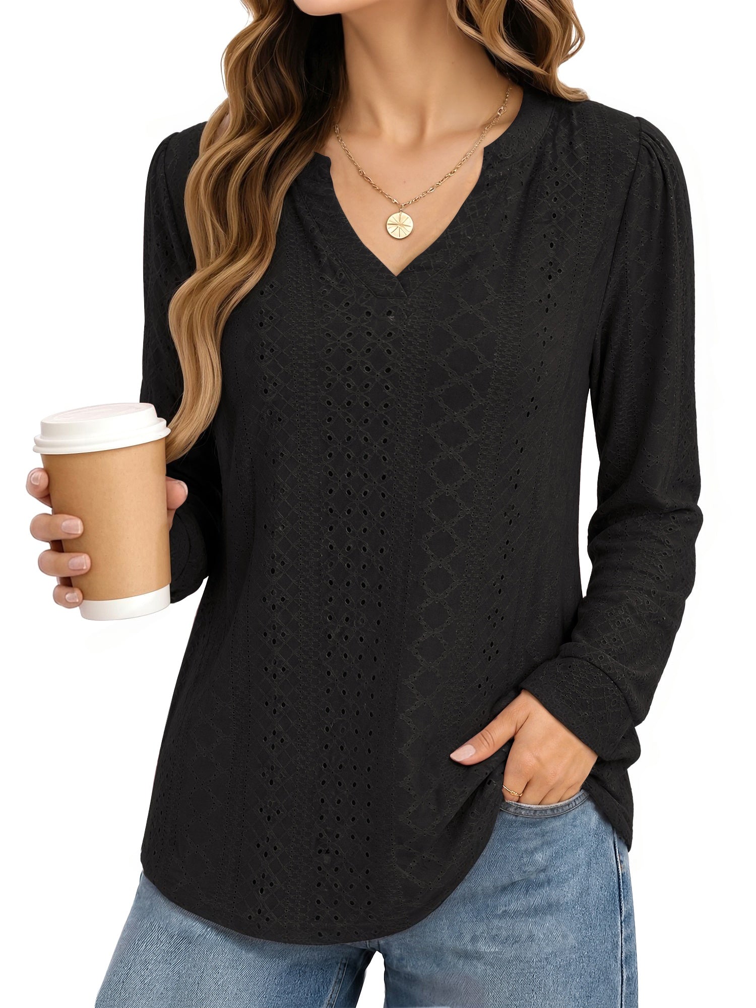 MOYIKO Eyelet Blouses for Women Dressy Casual Long Sleeve Shirts Bean Pink V Neck Fall Trendy Tops