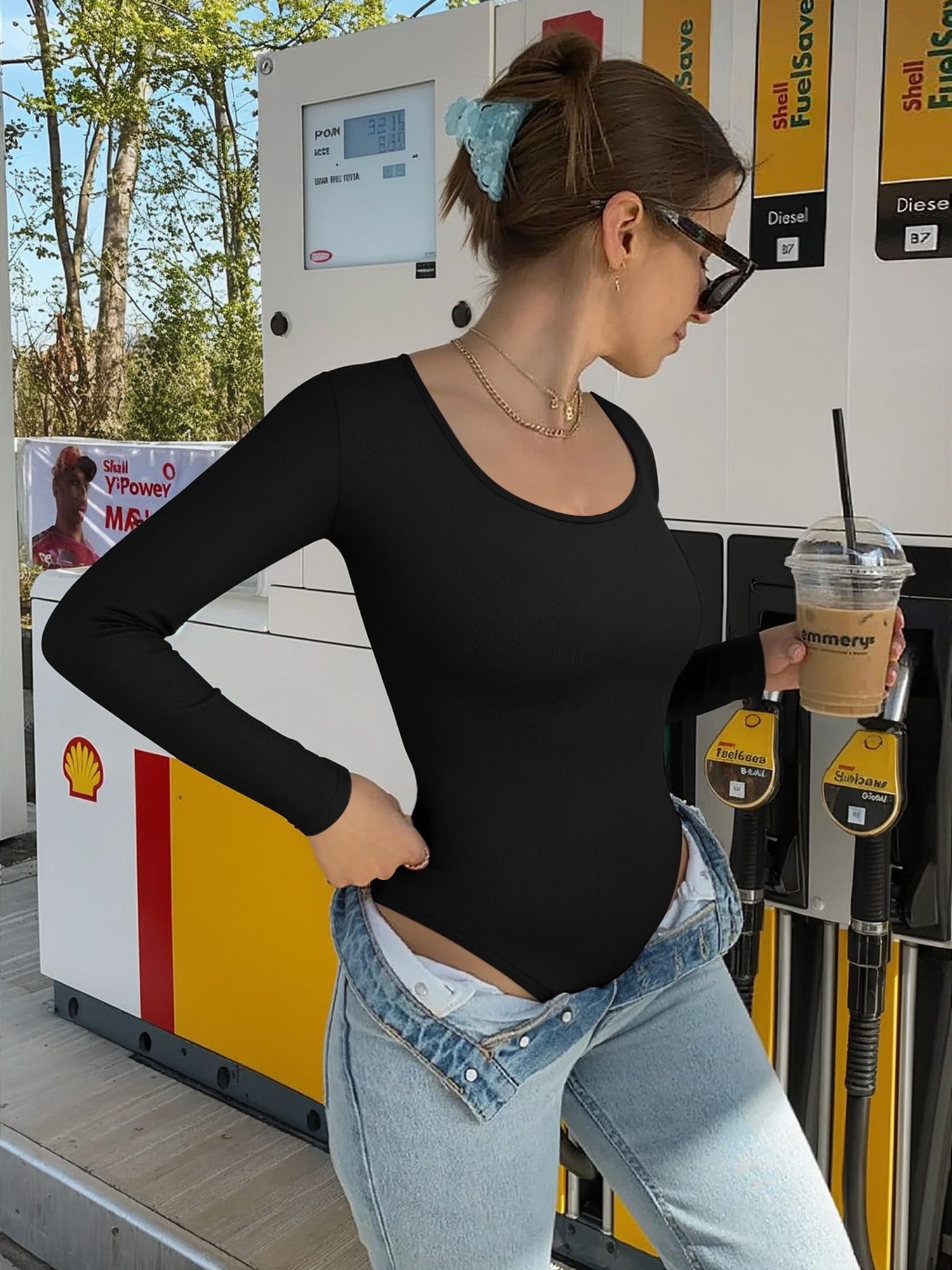 MOYIKO Scoop Neck Tops for Women Long Sleeve Body Suits Womens Slim Fitted Tight Tops