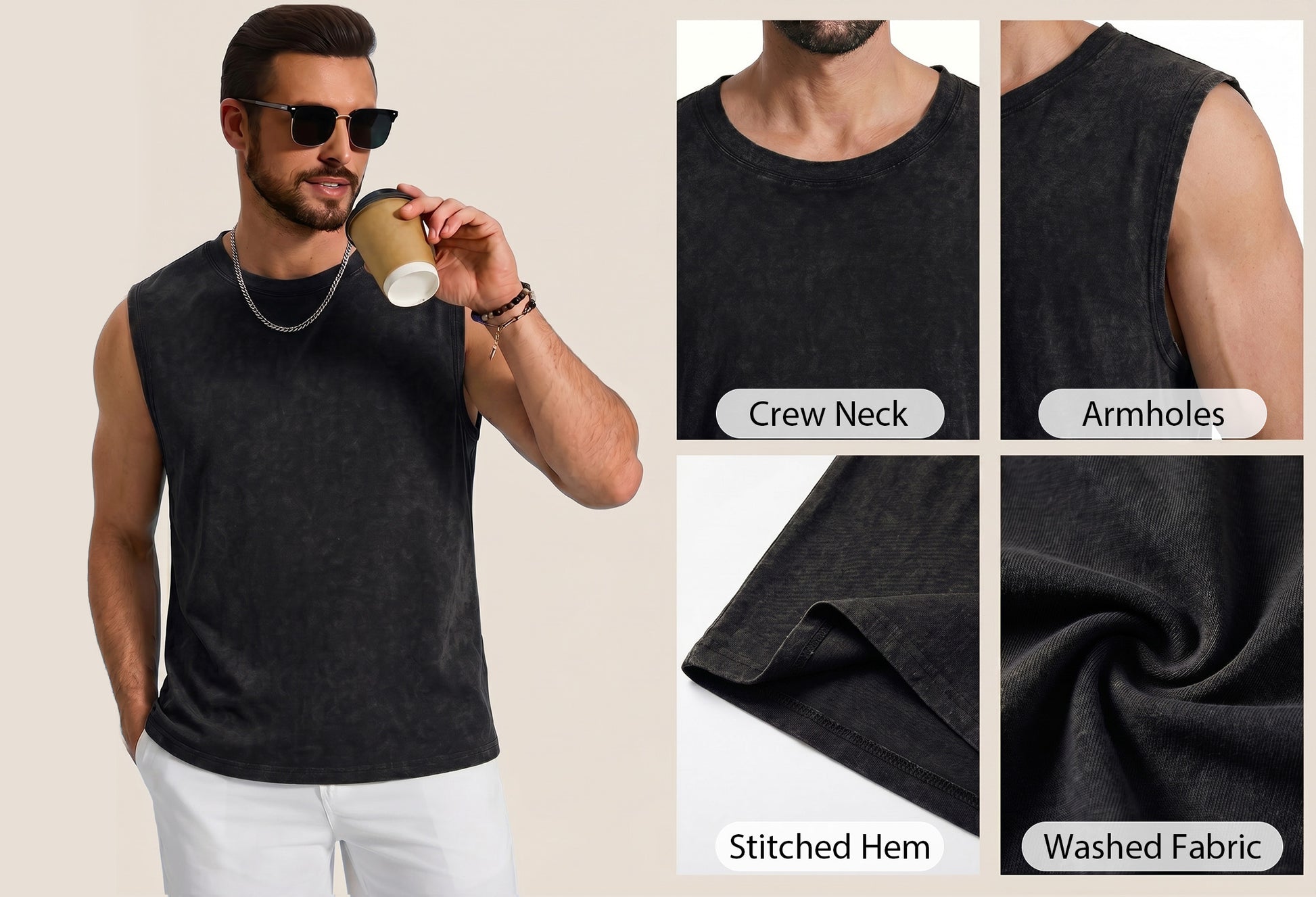 RICHCOIN Mens Workout Tank Tops Sleeveless Muscle Shirt Acid Wash T Shirts Running Beach Loose Fit Tee