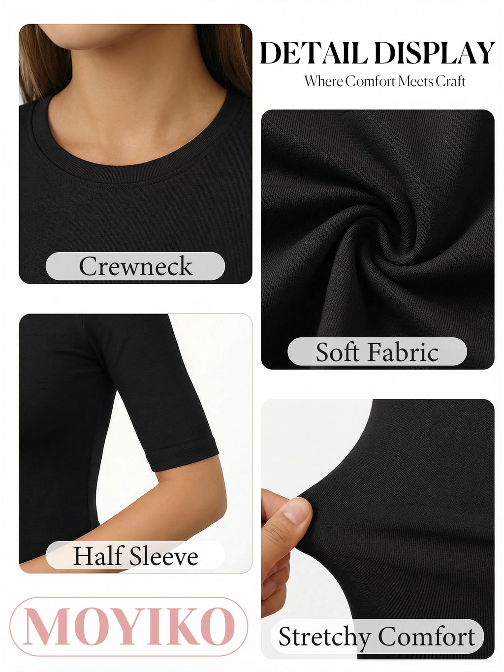 MOYIKO Half Sleeve T Shirts for Women Summer Trendy Crewneck Tops Spring Casual Slim Fitted Basic Tees