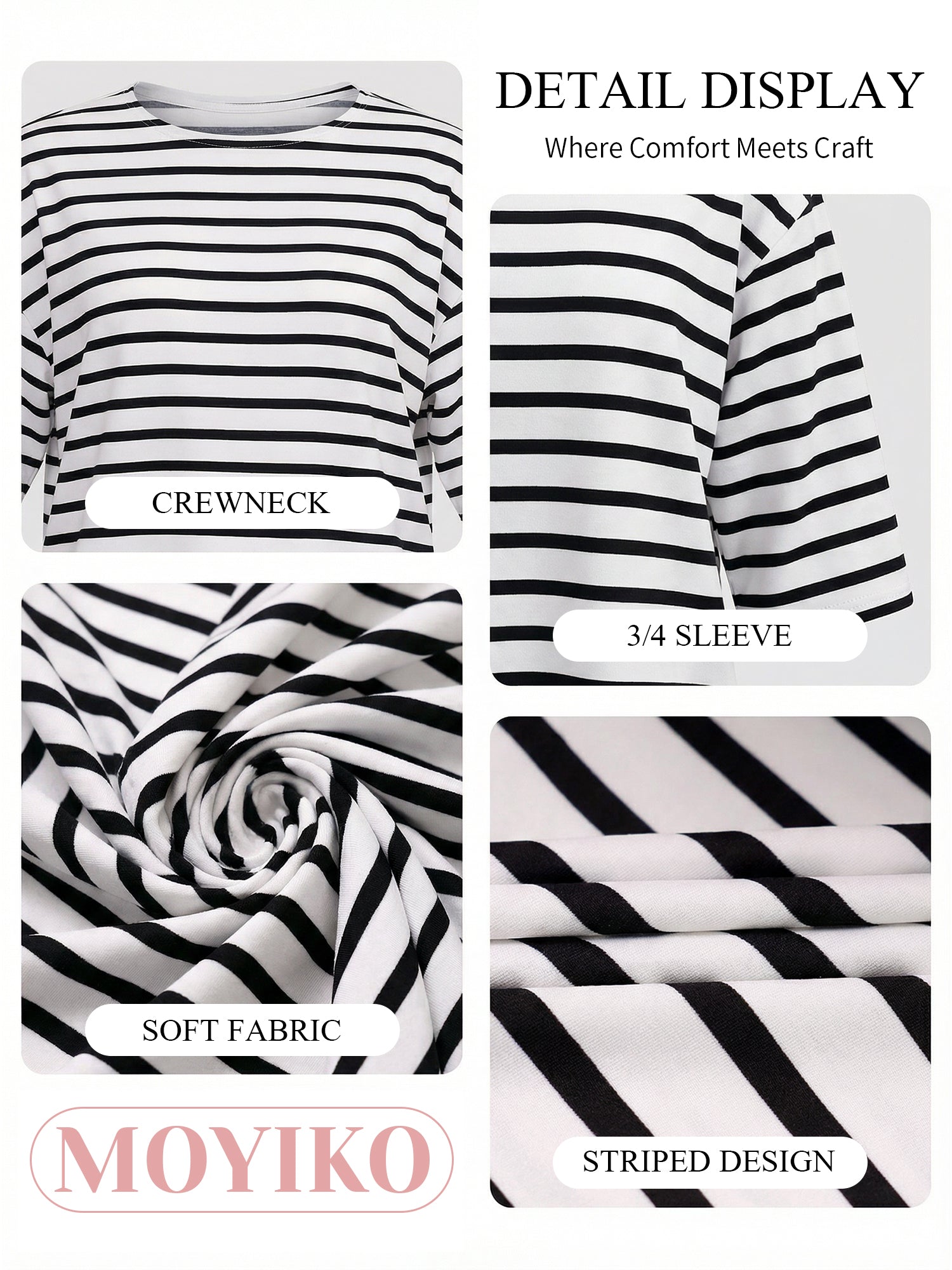 MOYIKO Striped T Shirts for Women 3/4 Length Sleeve Crewneck Casual Loose Fit Tees Summer Tops