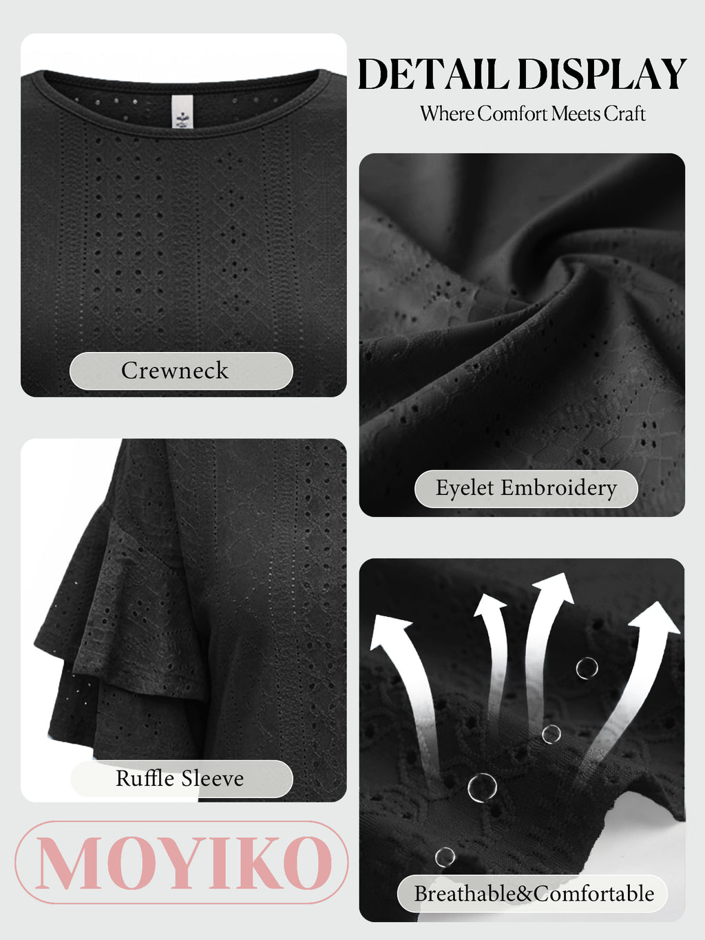 MOYIKO Women Casual Ruffle Half Sleeve Summer tops Crewneck Eyelet Shirts Flowy Dressy Tunic Blouses