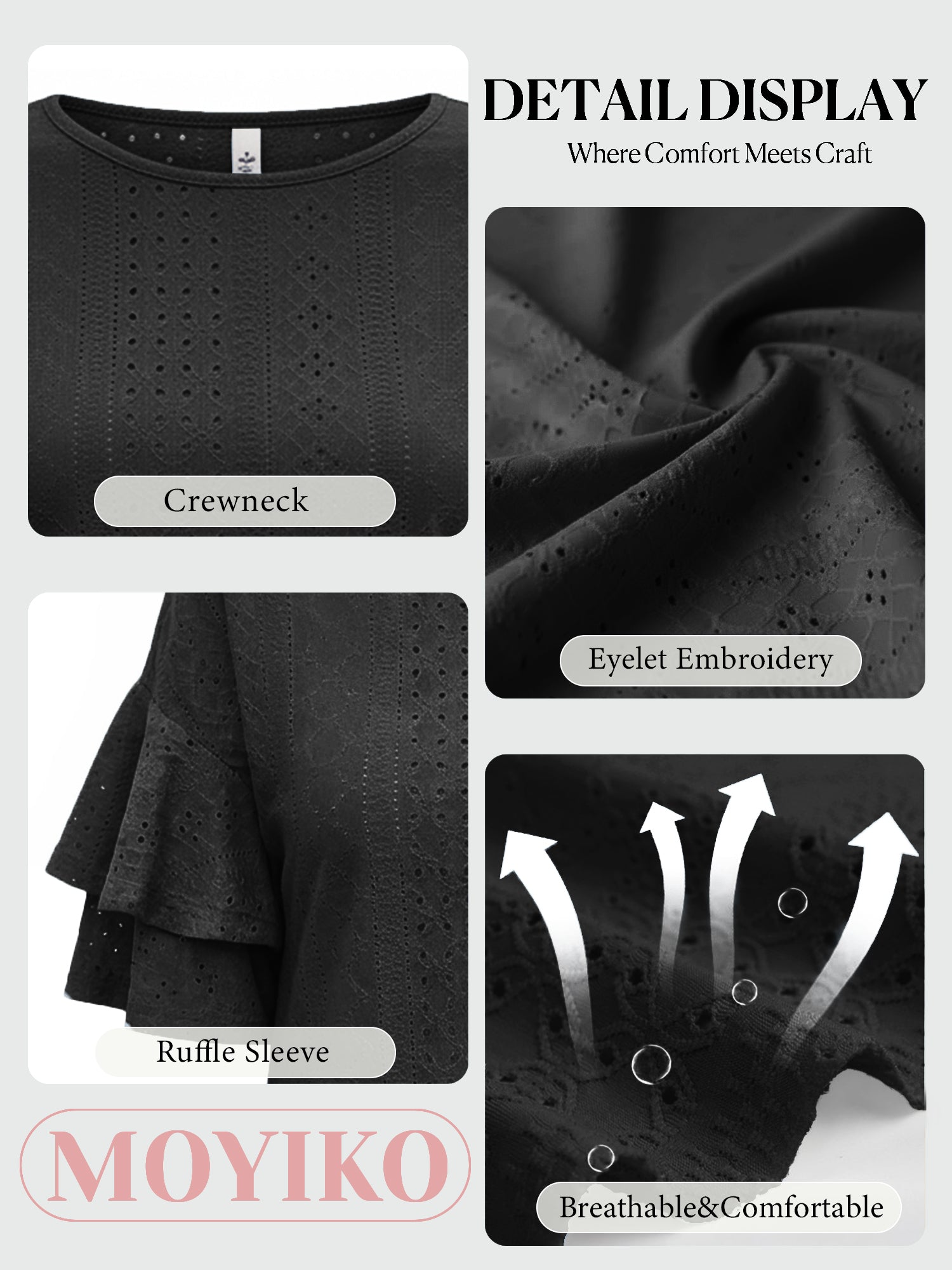 MOYIKO Women Casual Ruffle Half Sleeve Summer tops Crewneck Eyelet Shirts Flowy Dressy Tunic Blouses