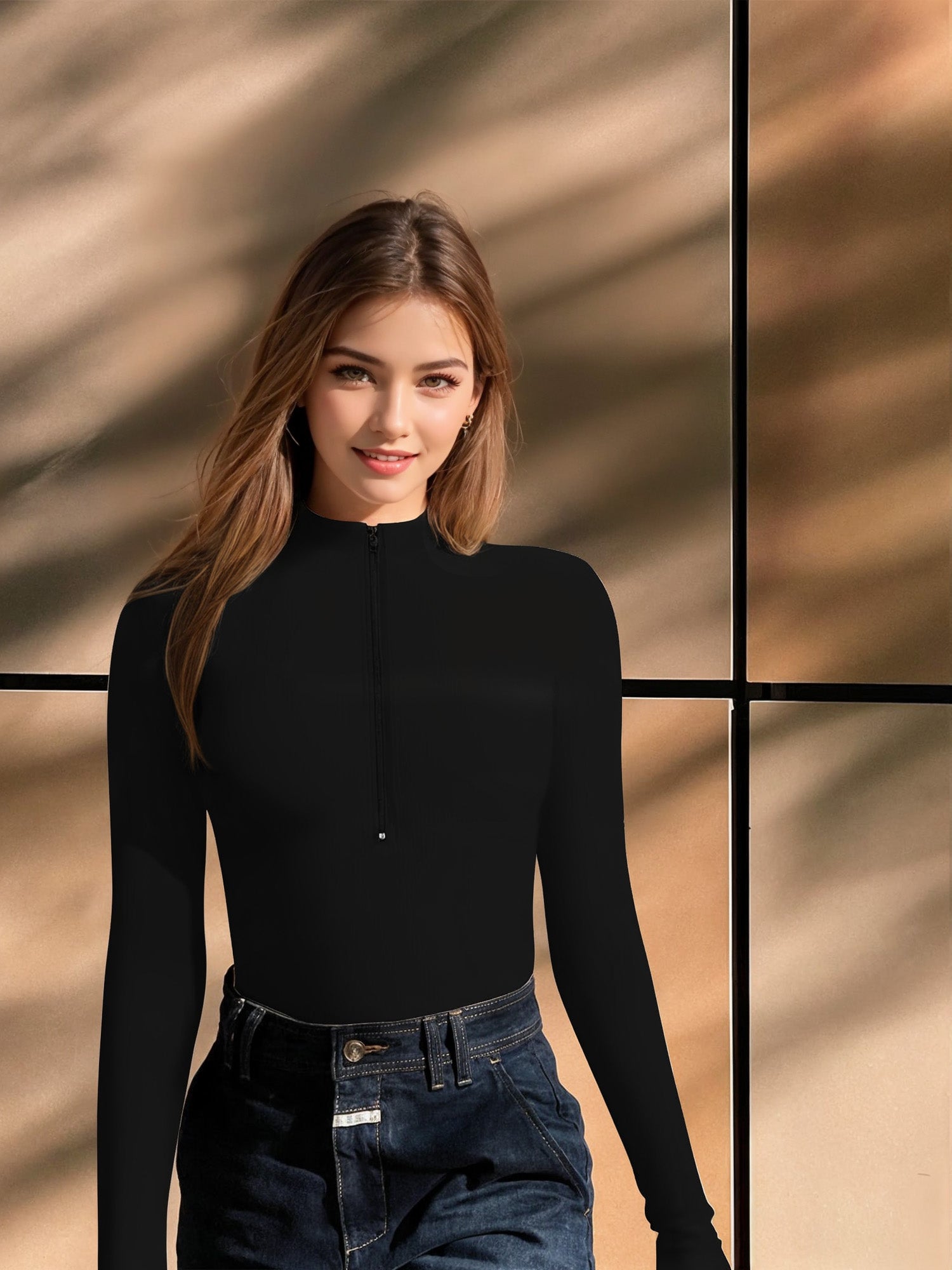 MOYIKO Mock Turtleneck for Women Zip up Long Sleeve Body Suits Womens Fitted Tight Tops