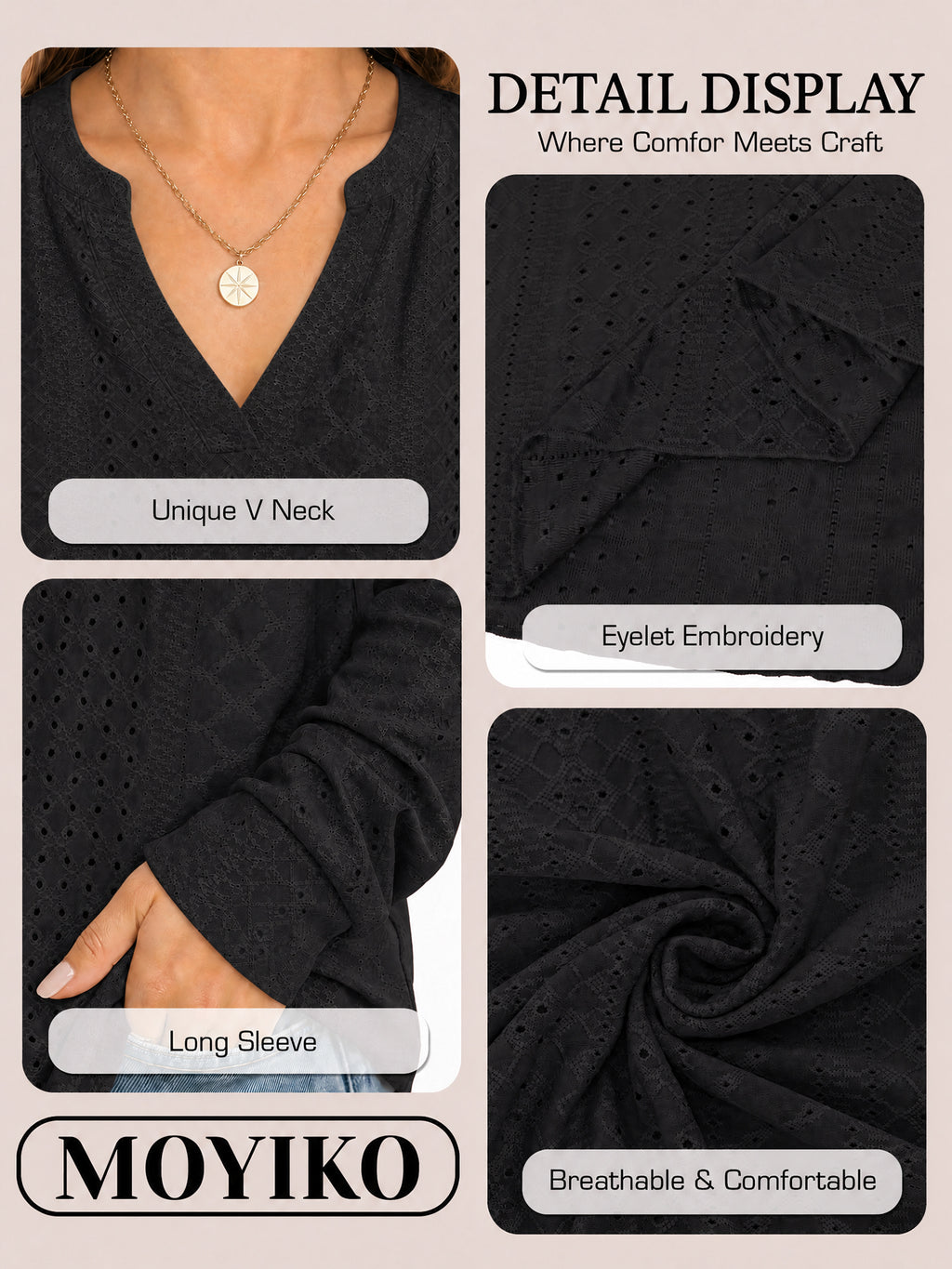 MOYIKO Eyelet Blouses for Women Dressy Casual Long Sleeve V Neck Fall Trendy Work Daily Wear Tops